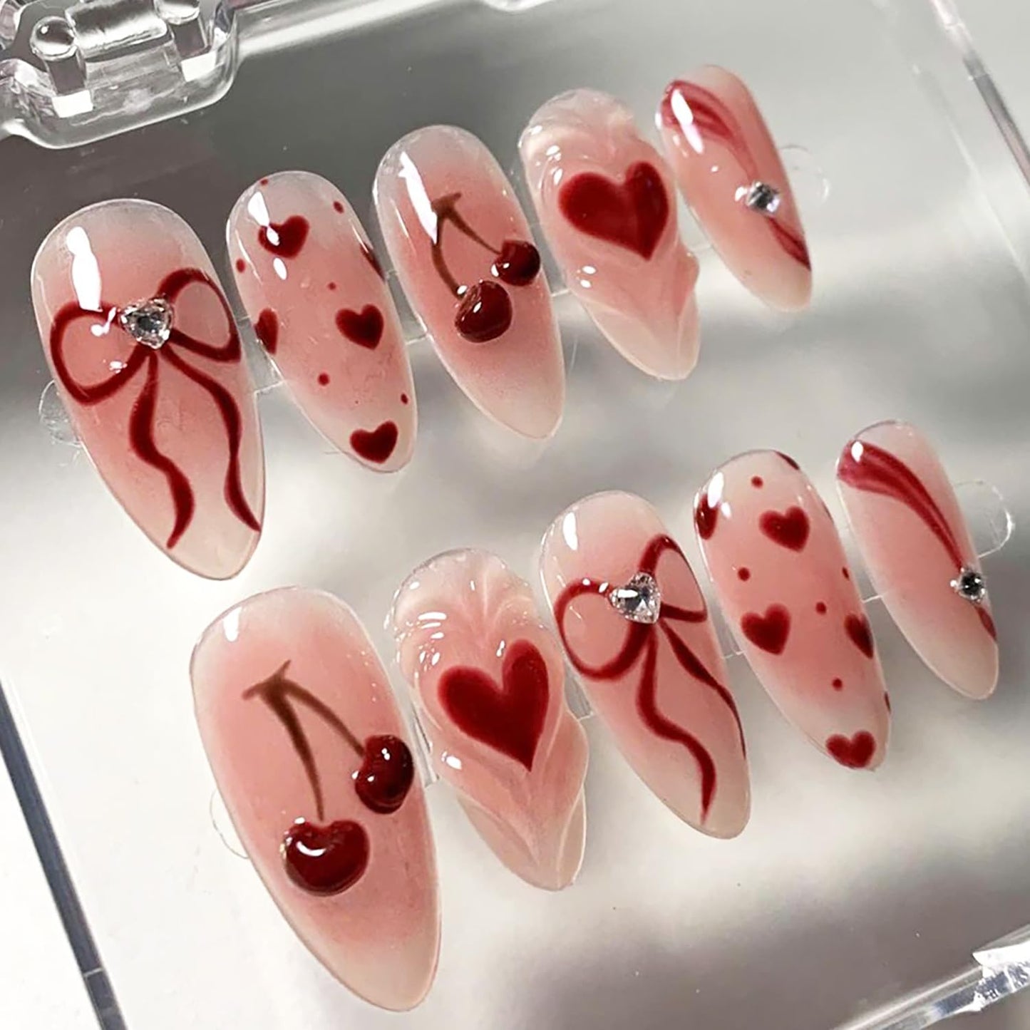 Valentine's Press-On Nails - 30 Pcs Short Almond Red French Tip with Pearl & Gold Bow | Romantic Heart Acrylic Set