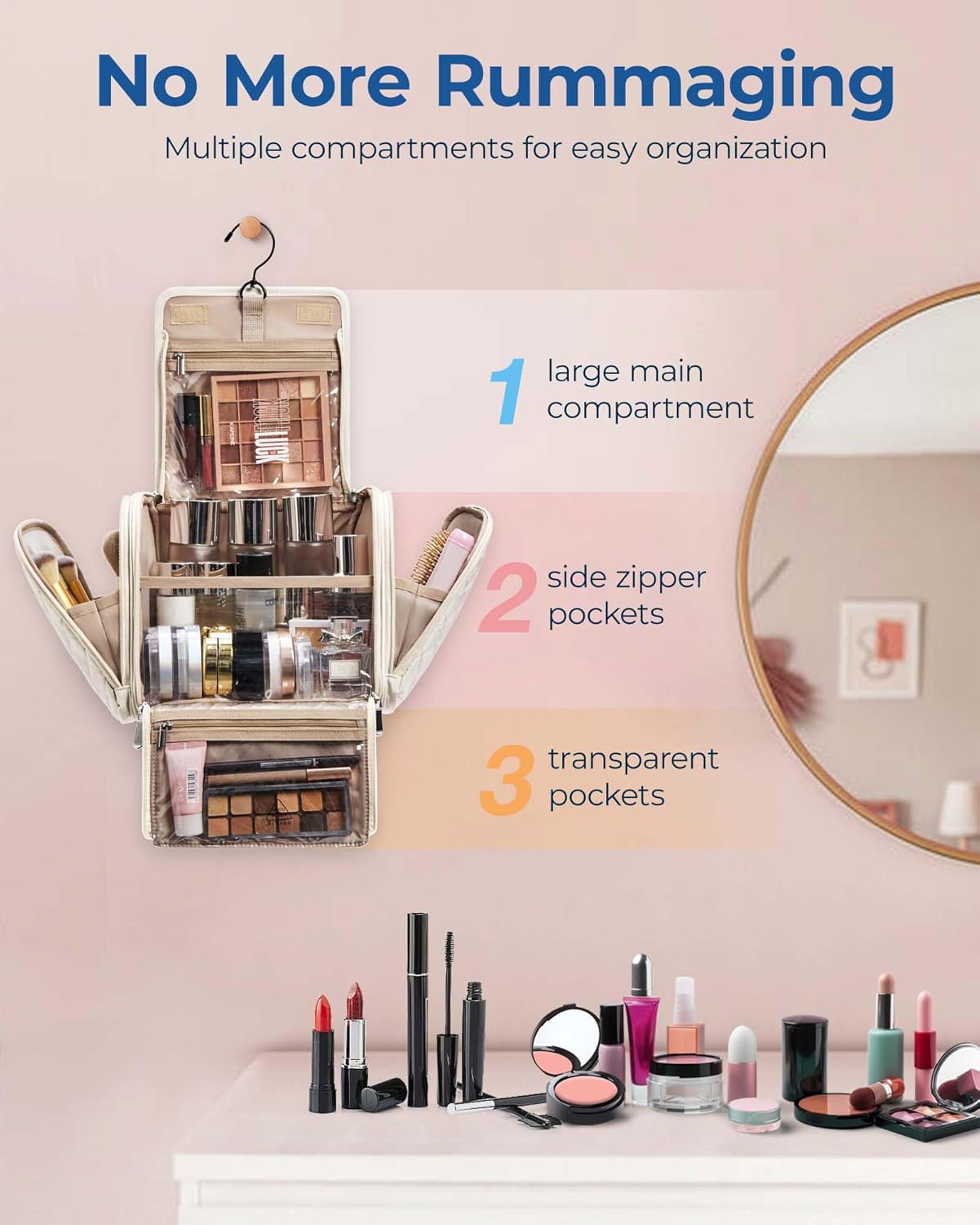 BAGSMART Makeup Bag - Water-Resistant Organizer with Hanging Hook | Large Capacity Toiletries Case in Pink