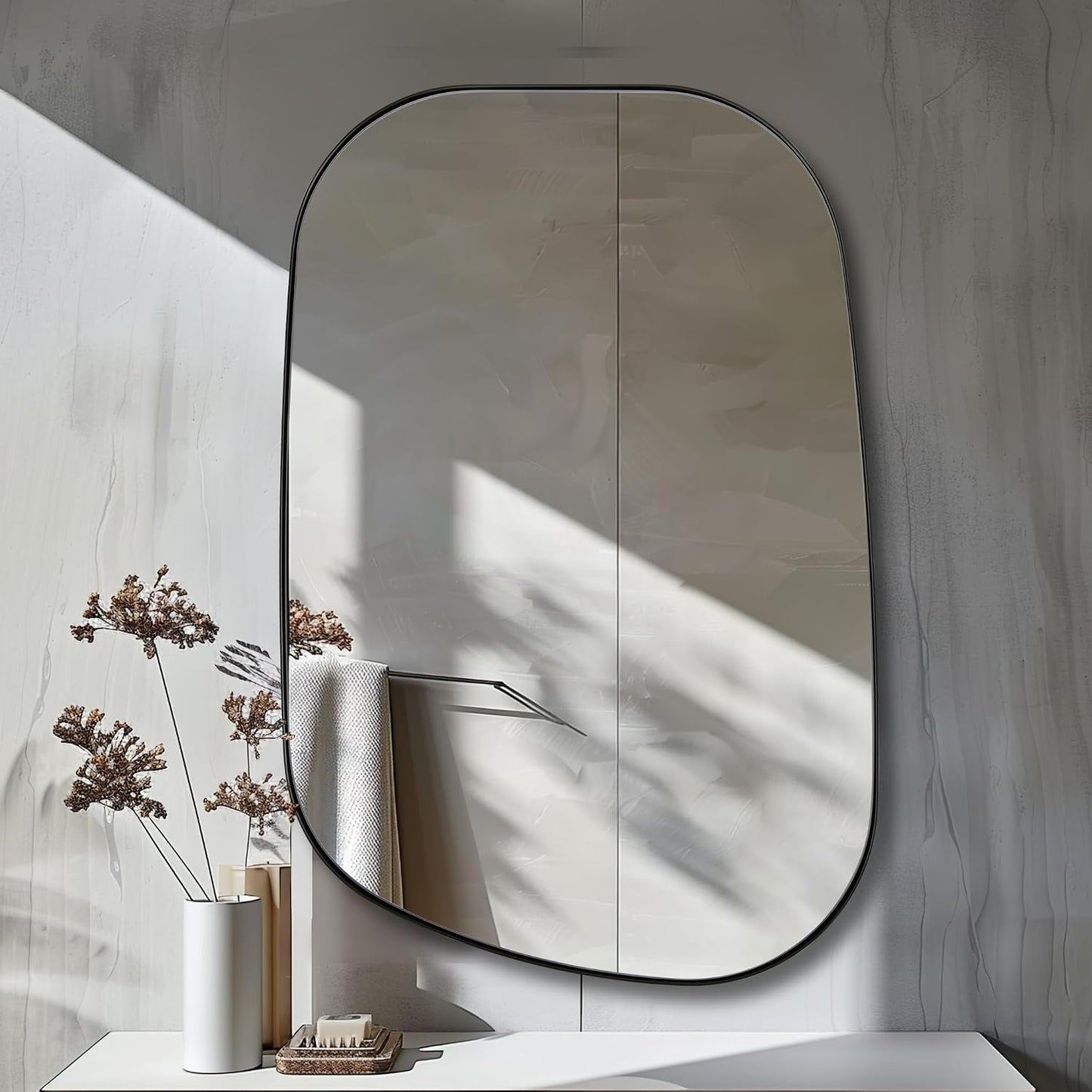 Chrome Asymmetrical Wall Mirror - Unique 24"x32" Irregular Design with SUS304 Stainless Steel Frame for Bathroom, Bedroom, Entryway