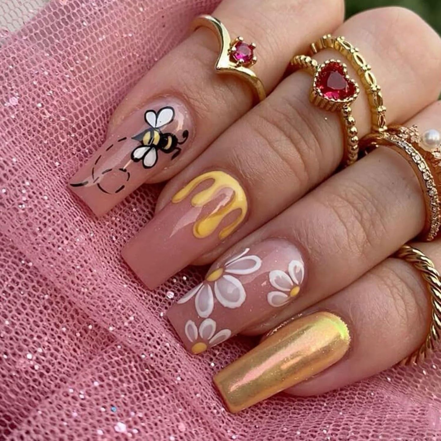 Almond Medium Press-On Nails - Blue Marble Full Cover with Gold Foil | 24 Pcs Glossy Artificial Nail Art for Women
