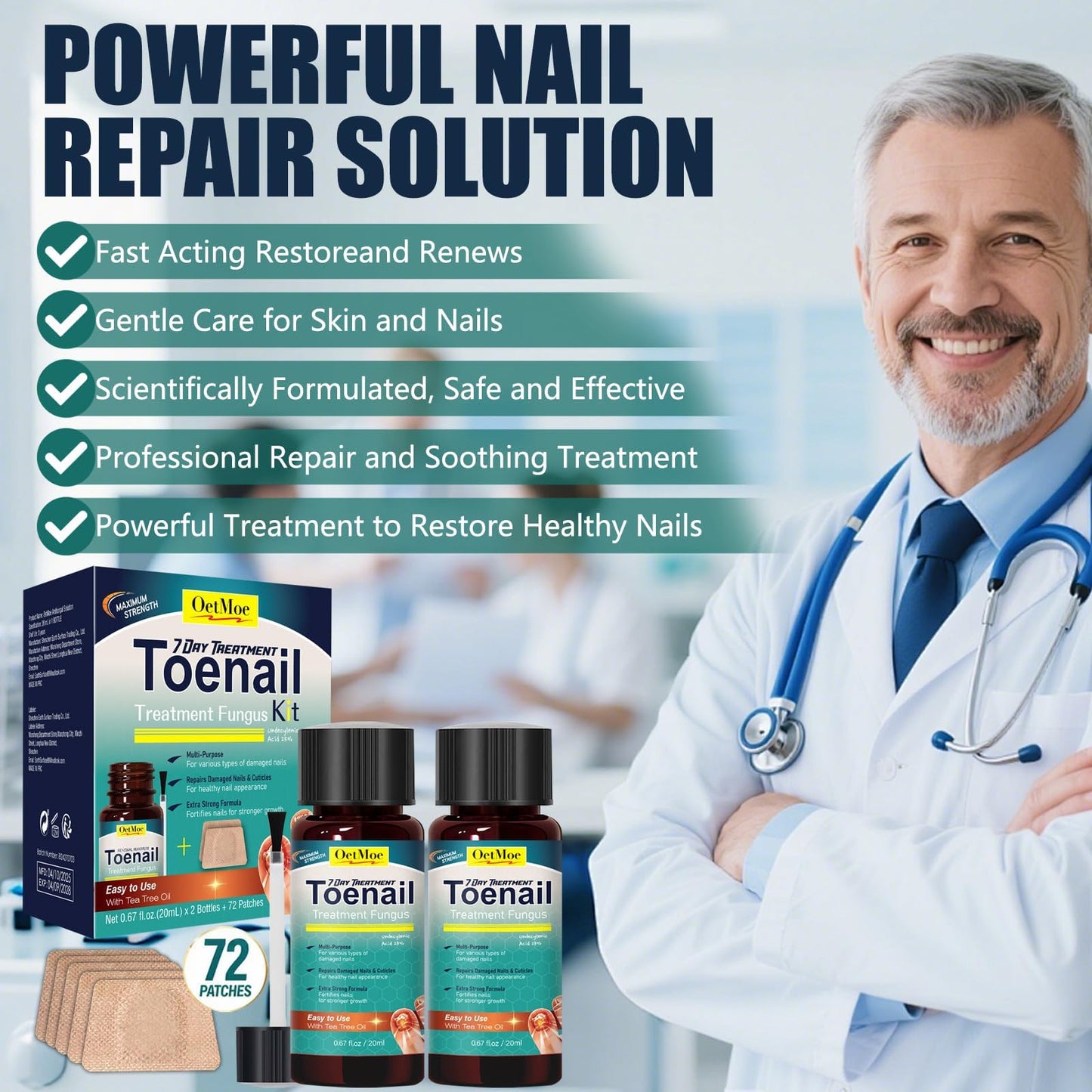 Toenail Treatment Extra Strength Kit, 7-Days Nail Treatment with 25% Undecylenic Acid & 72 Nail Patches, Repairs Yellow, Thick, Discolored & Broken Nails