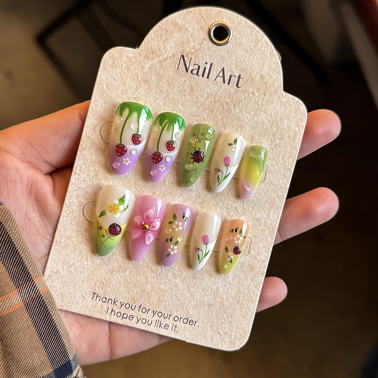 Medium Almond Press-On Nails - 24Pcs 3D Strawberry Flower Acrylic Set | Reusable French Tip Ladybug Design