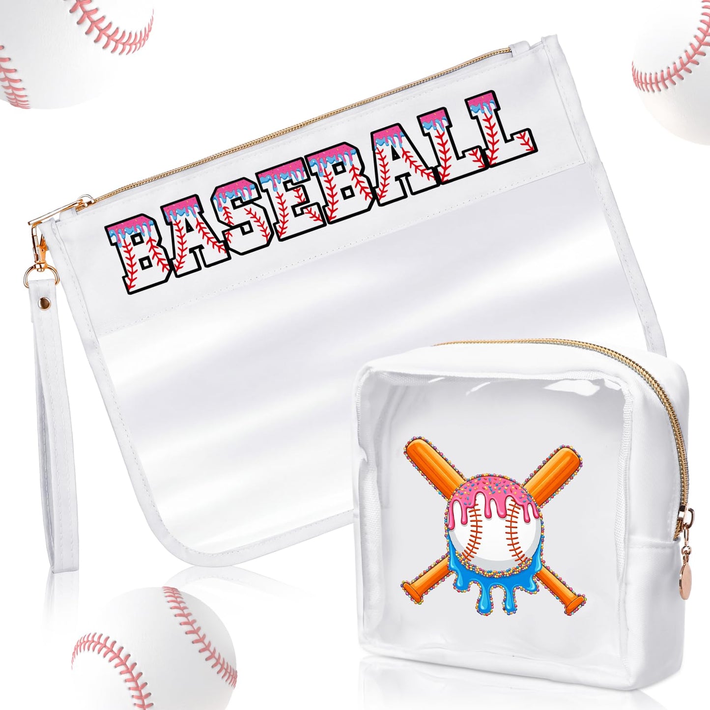 Tallew 2 Pcs Ice Cream Drip Baseball Makeup Bags Gifts Baseball Snack Pouch Mom Essentials Clear Cosmetic Bag Chenille Letter with Zipper Toiletry Purse Accessories Travel Case for Team Sport Gifts