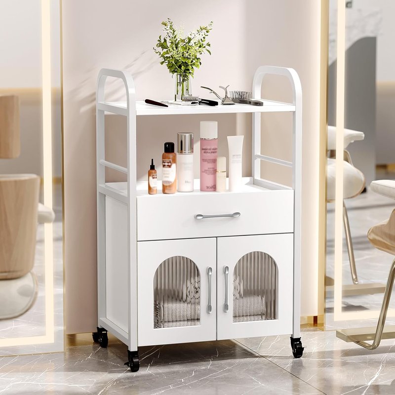 OmySalon Salon Trolley Cart - Mobile Esthetician Storage Station with Drawer & Tray | Lockable Wheels, White