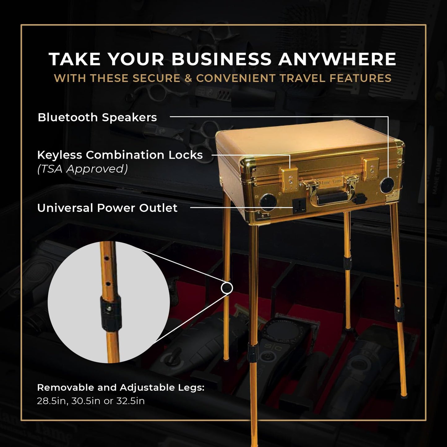 MANE TAME Barber Case - VIP Mobile Barber Station- Gold - Includes Speakers, TSA Locks, Removeable/Adjustable Legs.