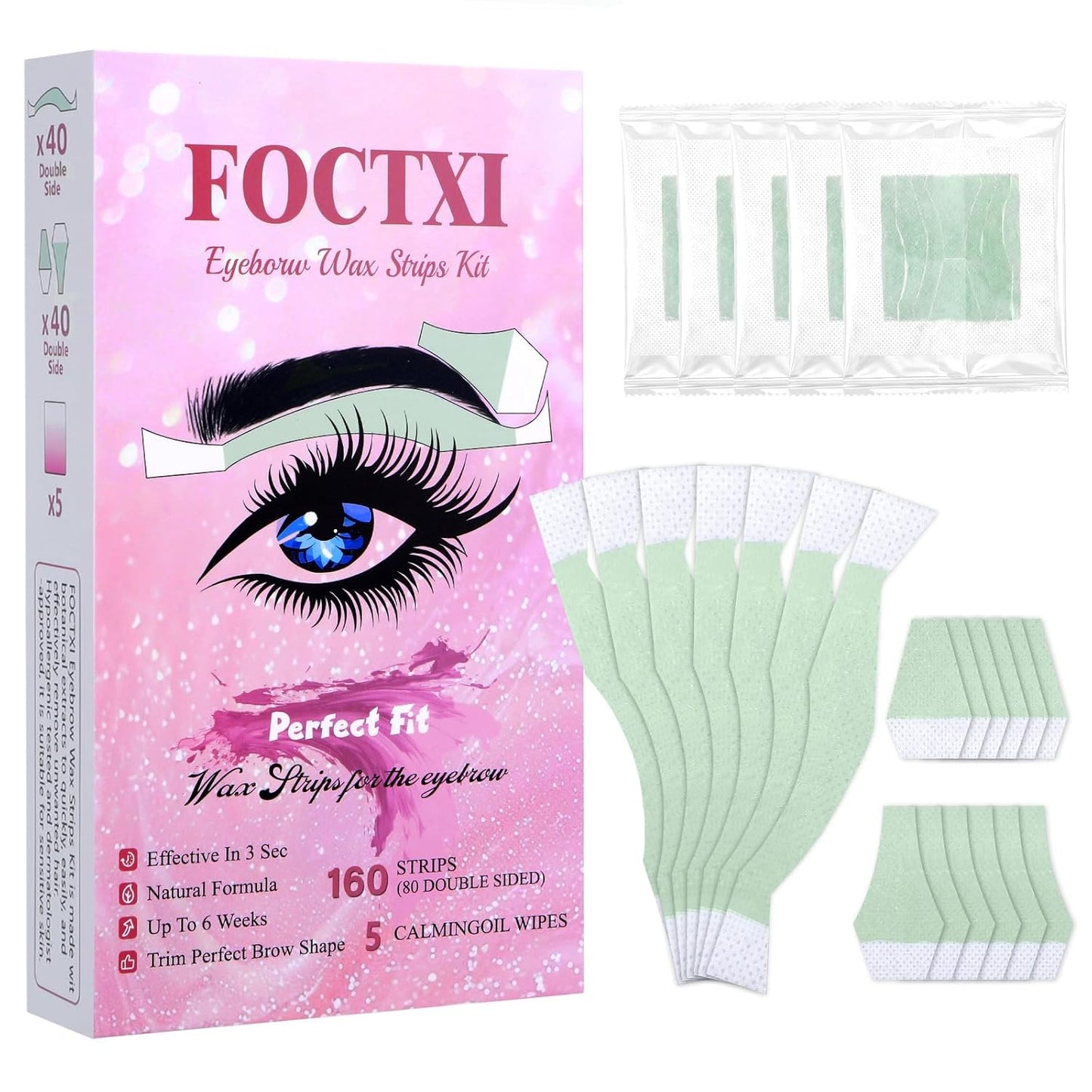 Facial Wax Strips Kit - 80 Hypoallergenic Eyebrow Wax Strips for Hair Removal | 5 Calming Oil Wipes Included, All Skin Types