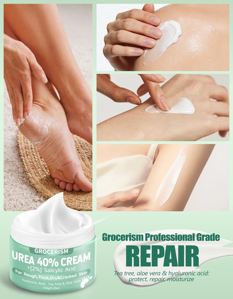 Grocerism 2 Packs Urea Cream 40% Plus 2% Salicylic Acid 5.30 oz || Foot Cream Maximum Strength with Hyaluronic Acid, Tea Tree, and Aloe Vera for Deep Moisturizes, Callus Remover and Soften