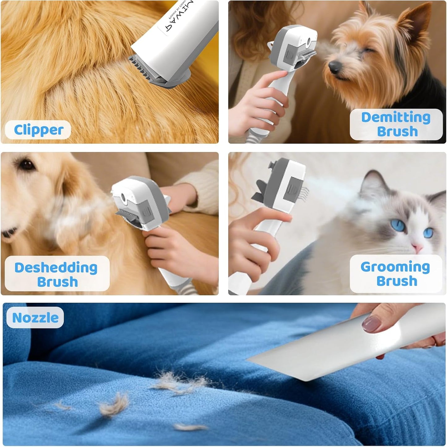 Dog Grooming Vacuum - 6-in-1 Low Noise Pet Grooming Kit with 13000Pa Suction | 2L Dust Cup & Clipper