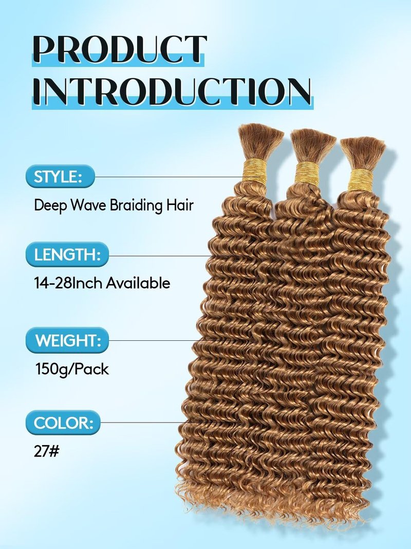 Boho Hair for Braiding, 16 Inch Curly Virgin Human Braiding Hair for Women, 12A Knotless Water Wave Bulk Bohemian Styles, 150g 3 Bundles Natural Black