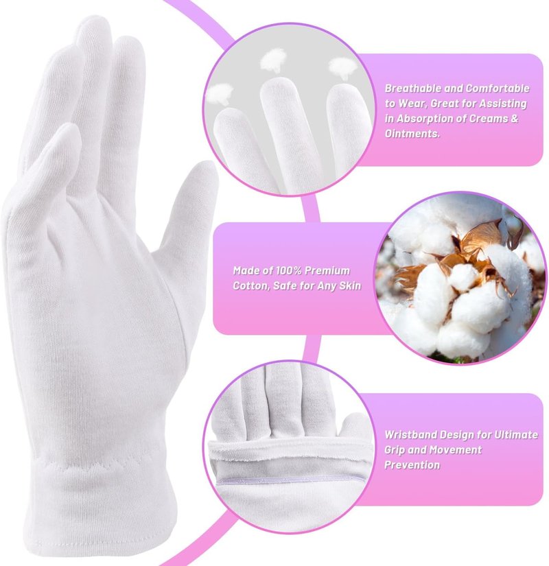 Moisturizing Cotton Gloves for Eczema Relief - 12 Pairs of Soft, White Spa Lotion Gloves for Dry Hands