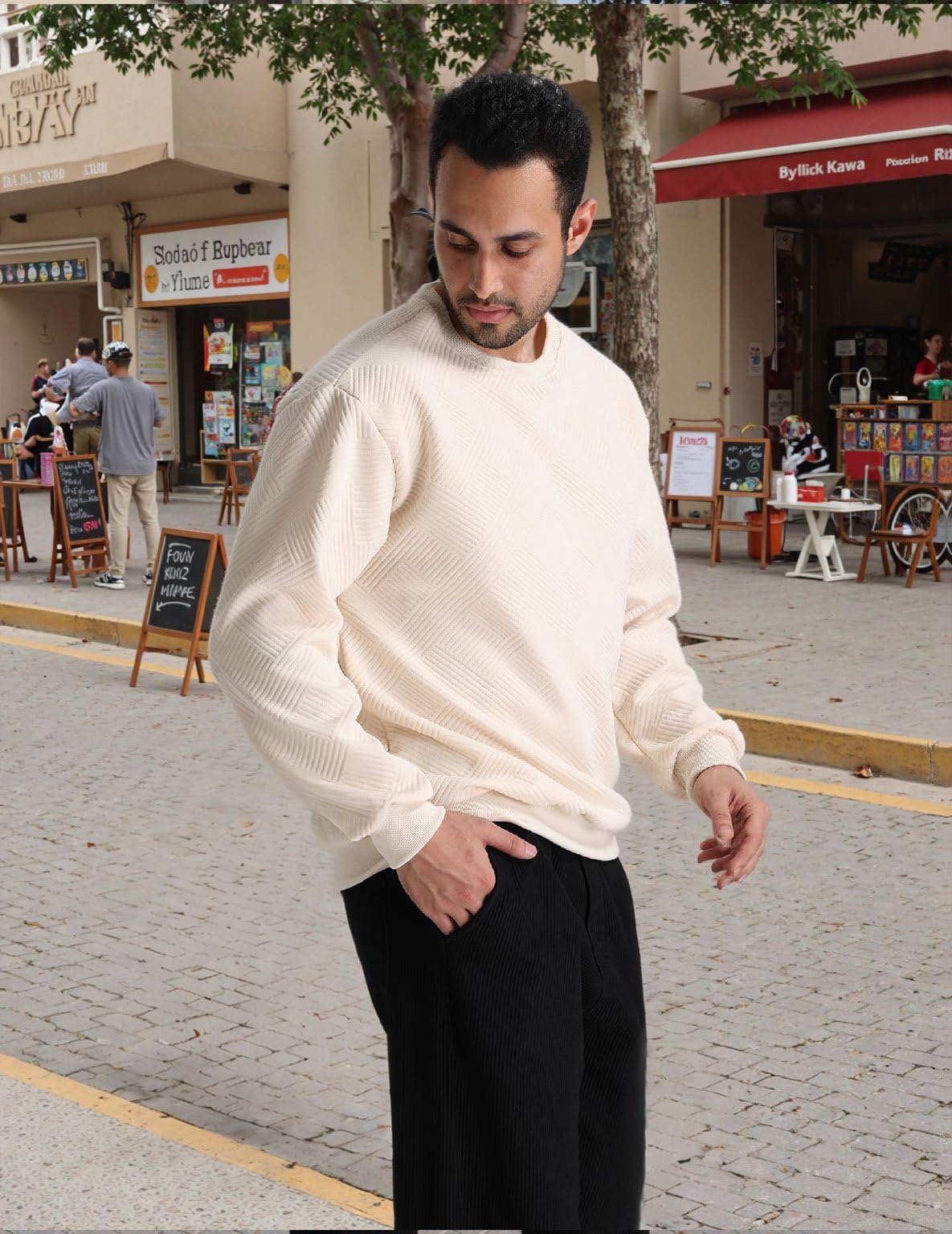 LUYIJIESHENG Men's Apricot Crewneck Long Sleeve Basic Pullover Sweatshirt Soild Color Geometric Texture Casual Crewneck Sweatshirts S