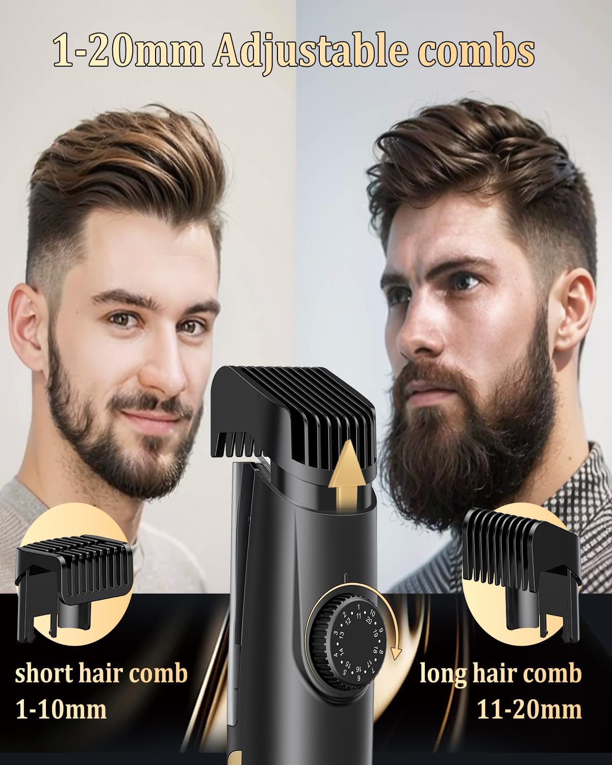 Beard Trimmer for Men - Rechargeable Electric Vacuum Trimmer with 2 Combs & 1-20mm Adjustable Length | Waterproof Cordless Mustache Trimmer