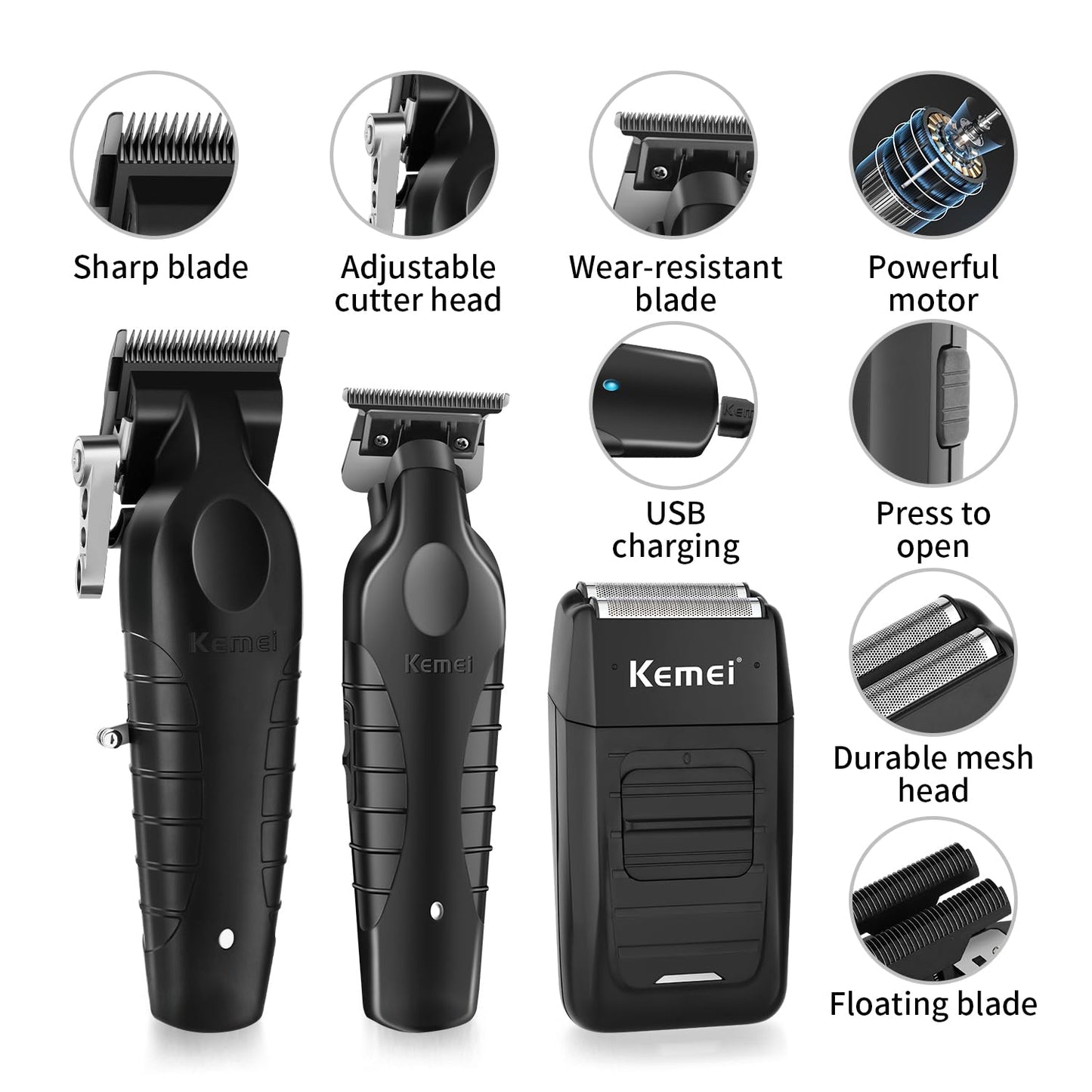 KEMEI Professional Hair Clipper, Hair Trimmer, Beard Shaver Set for Men, Electric Cordless Barber Clipper Beard Trimmer, Rechargeable Fade Clipper Haircutting Kit, KM-2299, KM-2296, KM-1102