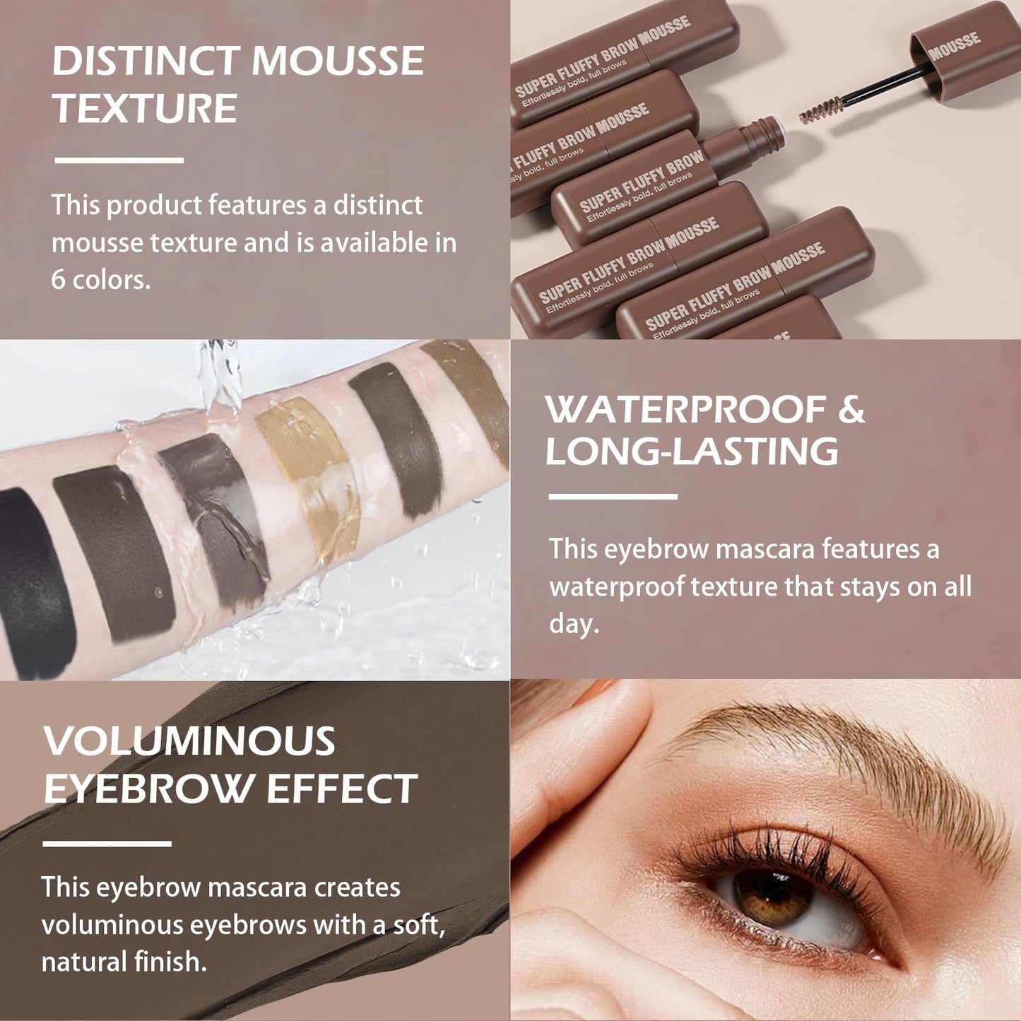 Brow Super Fluff Eyebrow Mousse, Volumizing and Tinted Thickening Eyebrow, Easy-to-Use, Long-Lasting, Waterproof for Fluffy Brow Mouse, Soft Brown