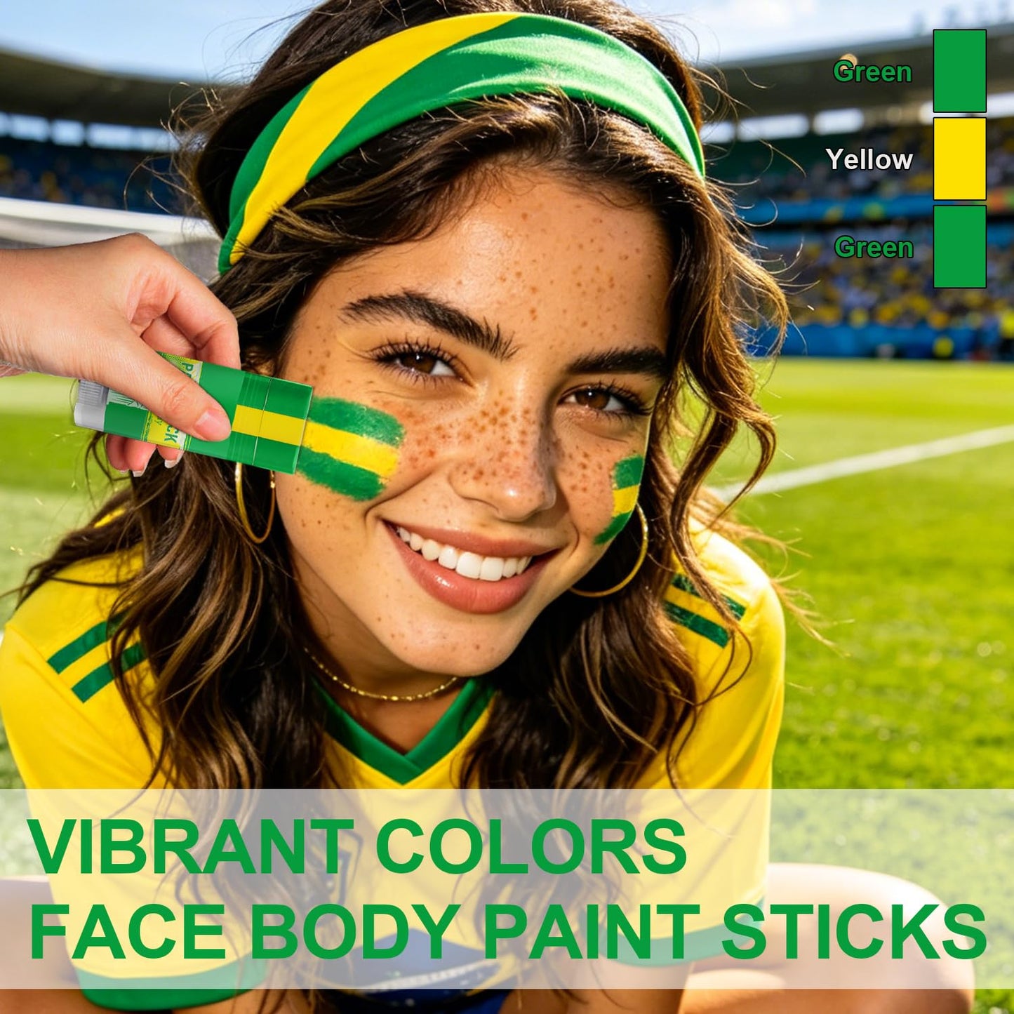 Brazil Face Paint Stick - Sweatproof High Pigment Sports Body Paint for Football, Rugby, Softball | Green & Yellow