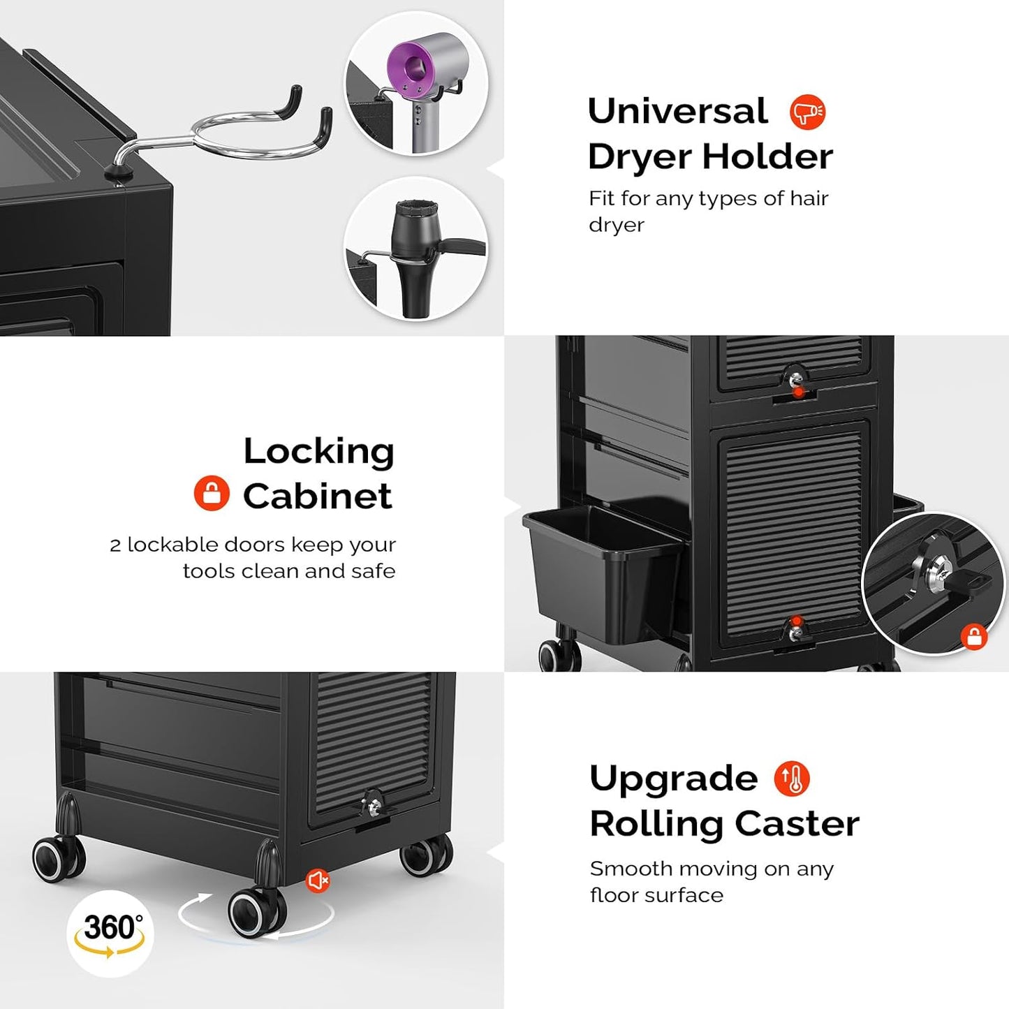 OmySalon Salon Trolley Cart - Rolling Hair Stylist Station with 2 Lockable Doors | Organizer with Drawers & Dryer Holder
