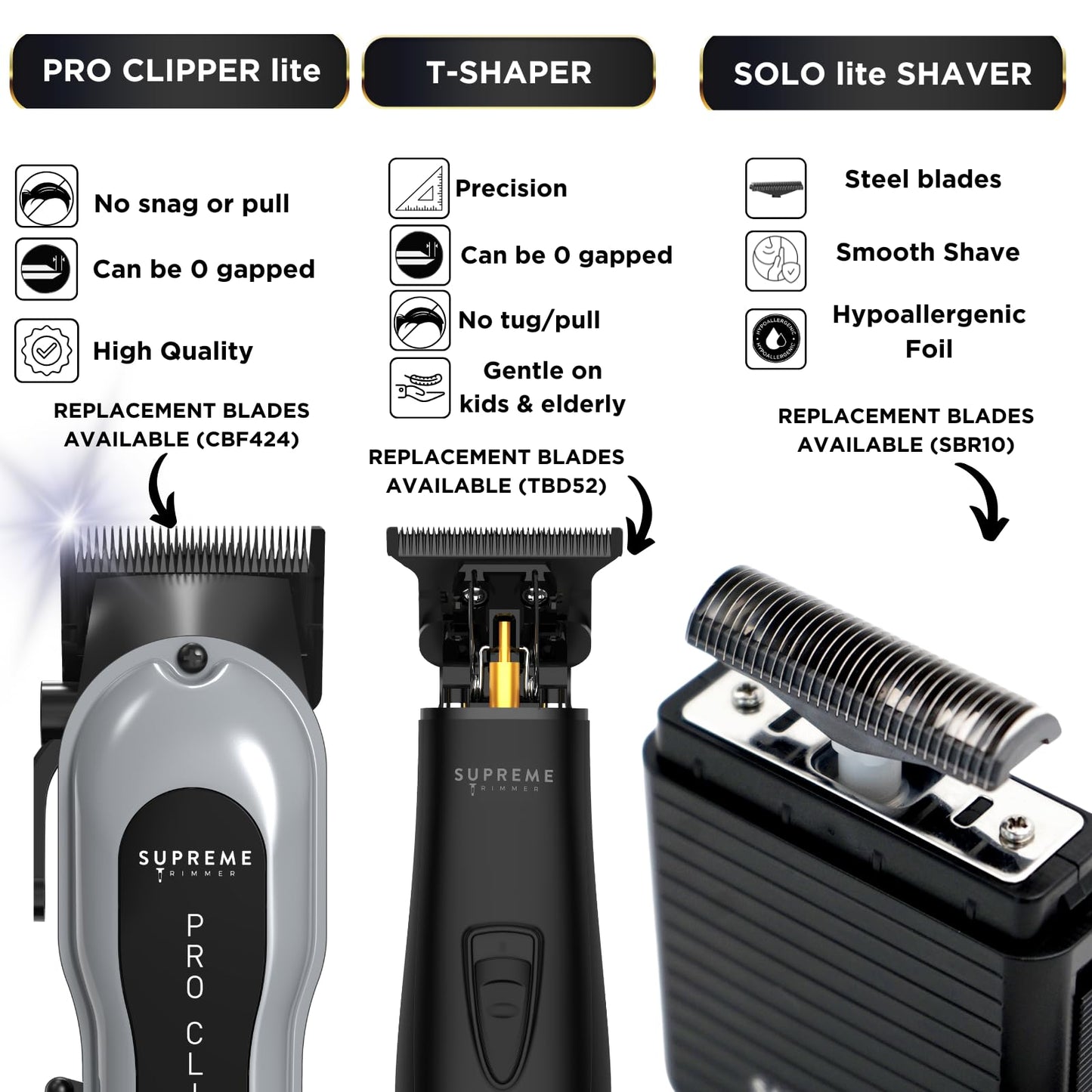 Supreme Trimmer 3-in-1 Barber Bundle | Pro Clipper Lite, DLC T-Shaper Trimmer, Solo Lite Foil Shaver | Professional Beard Trimmer/Clipper Kit | Value Bundle 2