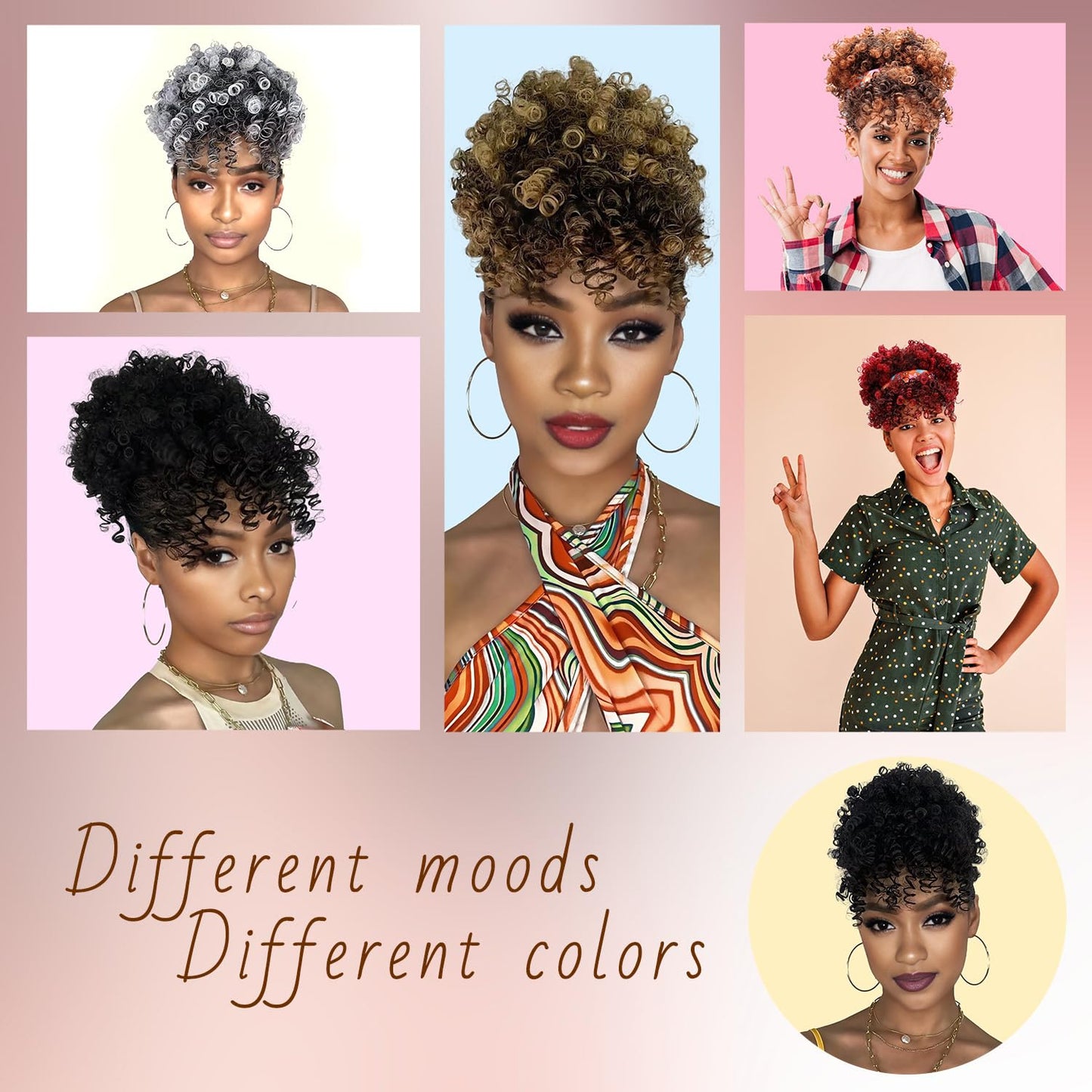 Drawstring Ponytail for Black Women - Afro Puff Kinky Curly Hair Extension with Bangs | Grey Updo