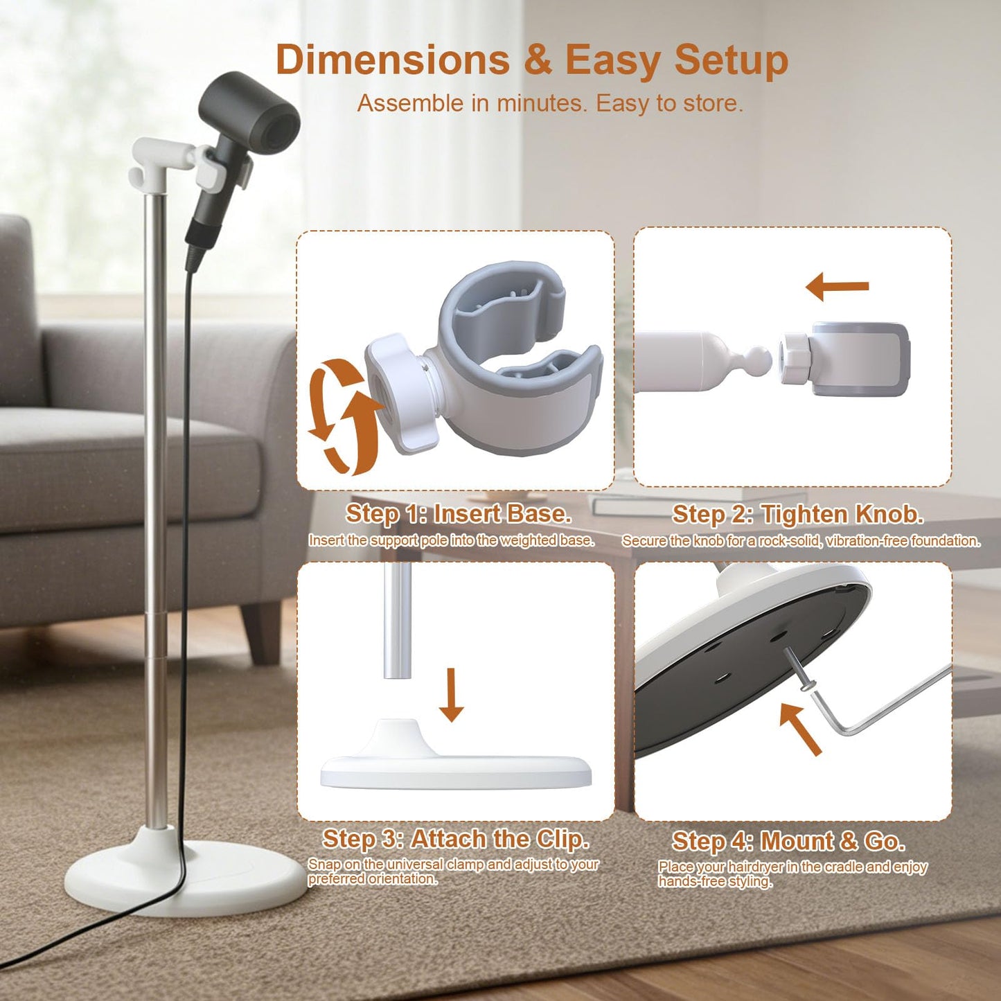 Mistriddle Hands Free Hair Dryer Holder Floor Stand, Adjustable Height (17.2"-51"), Universal Clip with TPU Protection & Organizer Hook, Stable Aluminum Base Blow Dryer Stand Hands Free(White)