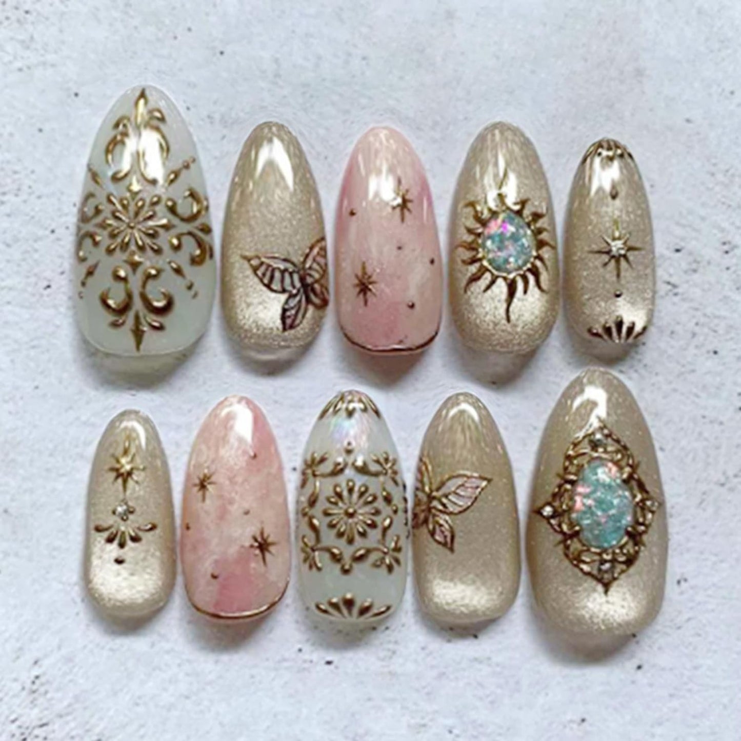 Almond Press-On Nails - 30 Pcs Medium 3D Gold Star Design | Glossy Full Cover Butterfly Acrylics