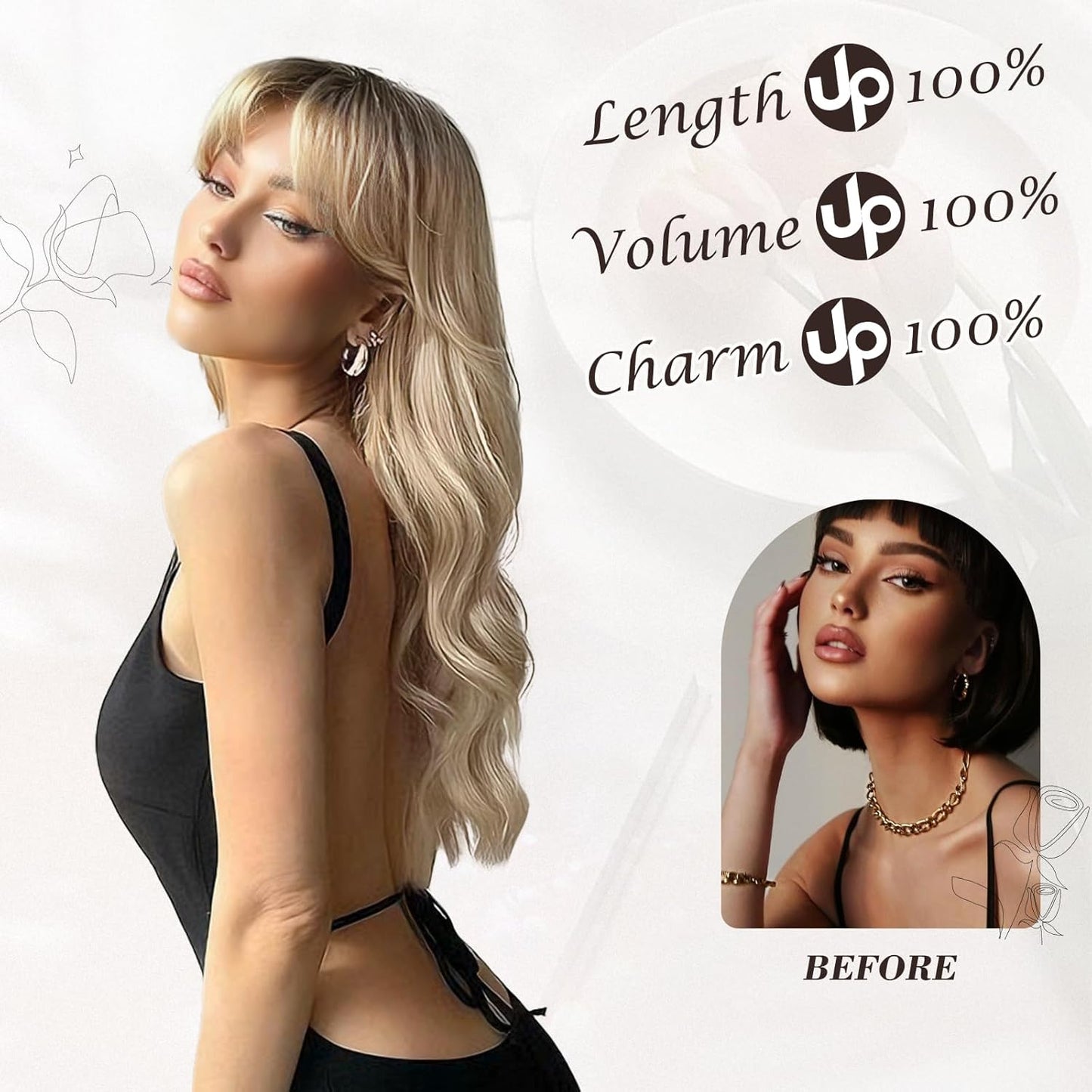 Long Wavy Blonde Curtain Bangs Wig - 26" Synthetic Ombre Wig with Dark Roots | Soft Natural Look