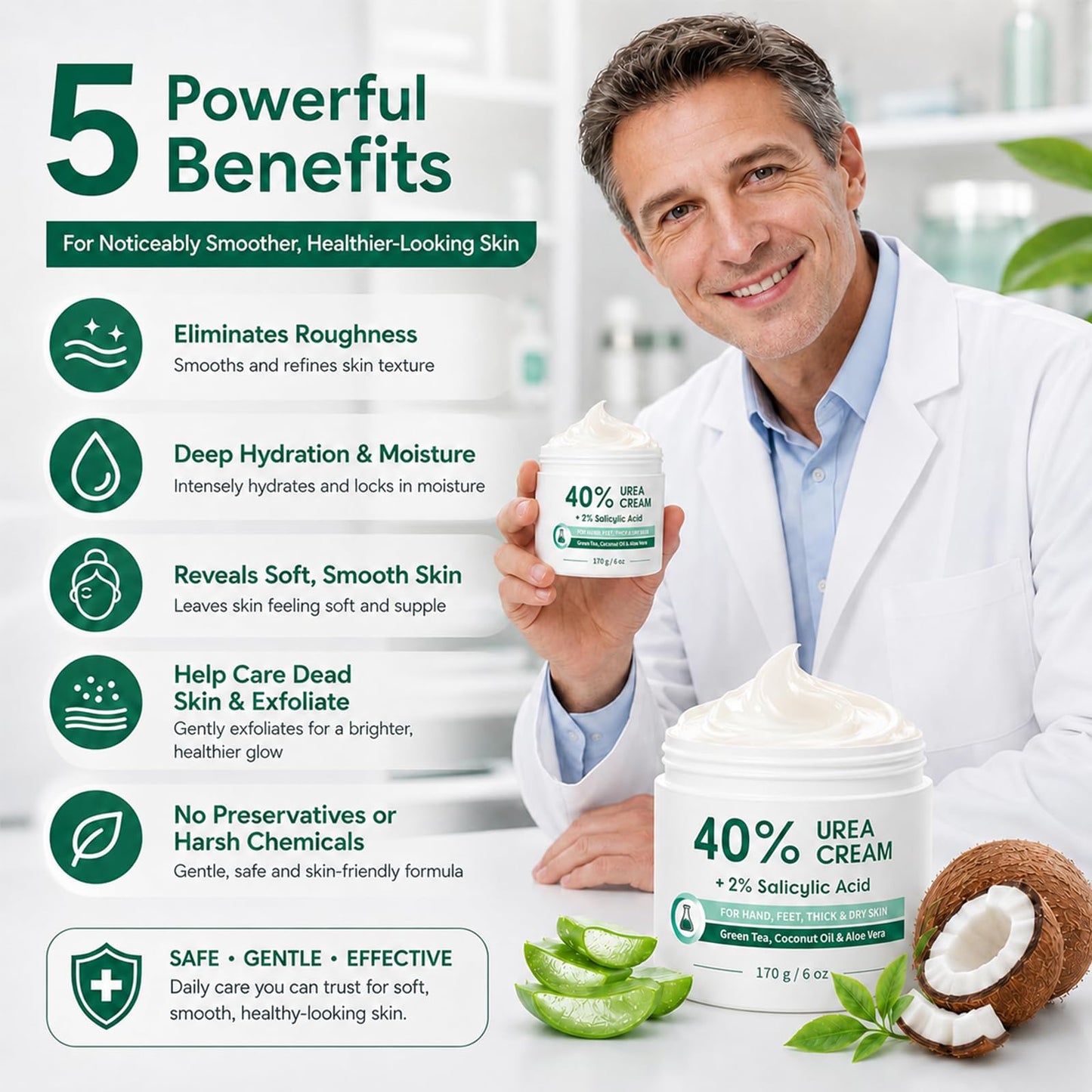 FAMIKYA Urea Cream 40 Percent for Feet Maximum Strength, Foot Cream for Dry Cracked Heels, Callus Care with 2% Salicylic Acid, Moisturizer for Hands Elbows Knees Rough Skin, 2 Packs