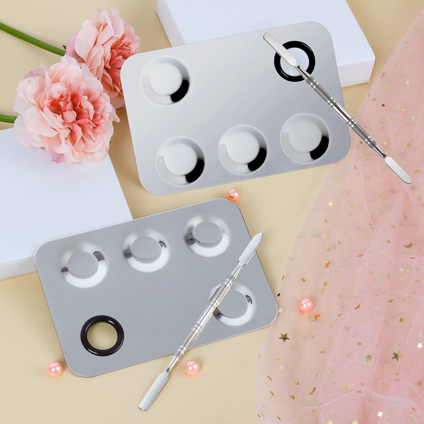 Penugo Upgrade Mixing Makeup Palette, Stainless Steel Palette With Spatula Tool for Mixing Cosmetic and Pigment, Nail-art