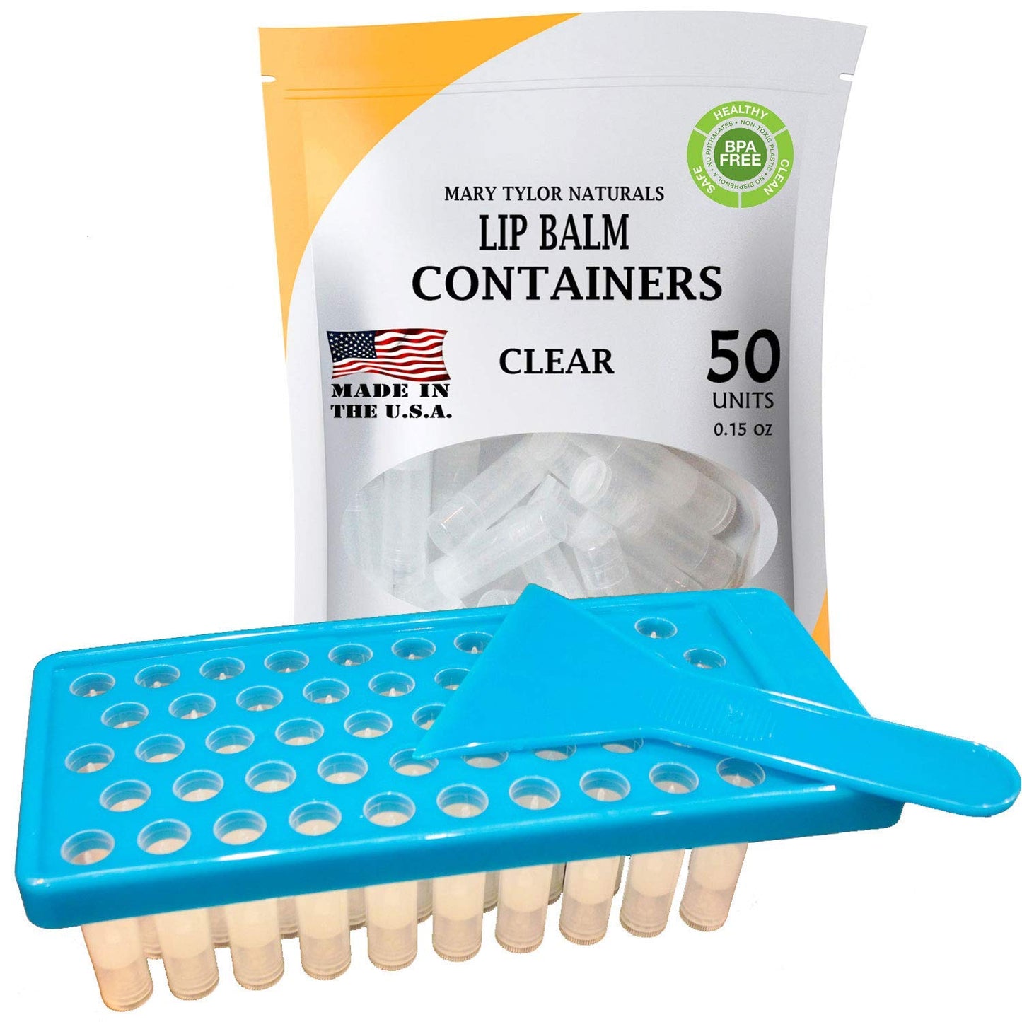 Lip Balm Container Tray Kit - 50 BPA-Free Clear Containers with Caps | Includes Fill Tray & Spatula (0.15 oz Each)