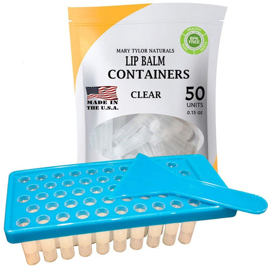 Lip Balm Container Tray Kit - 50 BPA-Free Clear Containers with Caps | Includes Fill Tray & Spatula (0.15 oz Each)