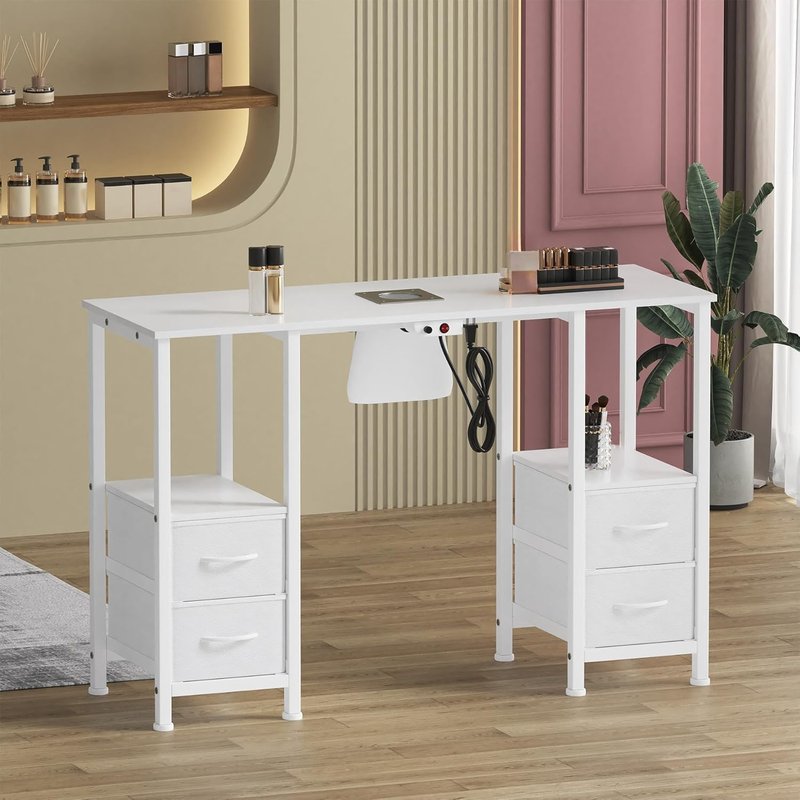 Manicure Table for Nail Tech - Professional Nail Station with 4 Storage Drawers & Dust Collector | White