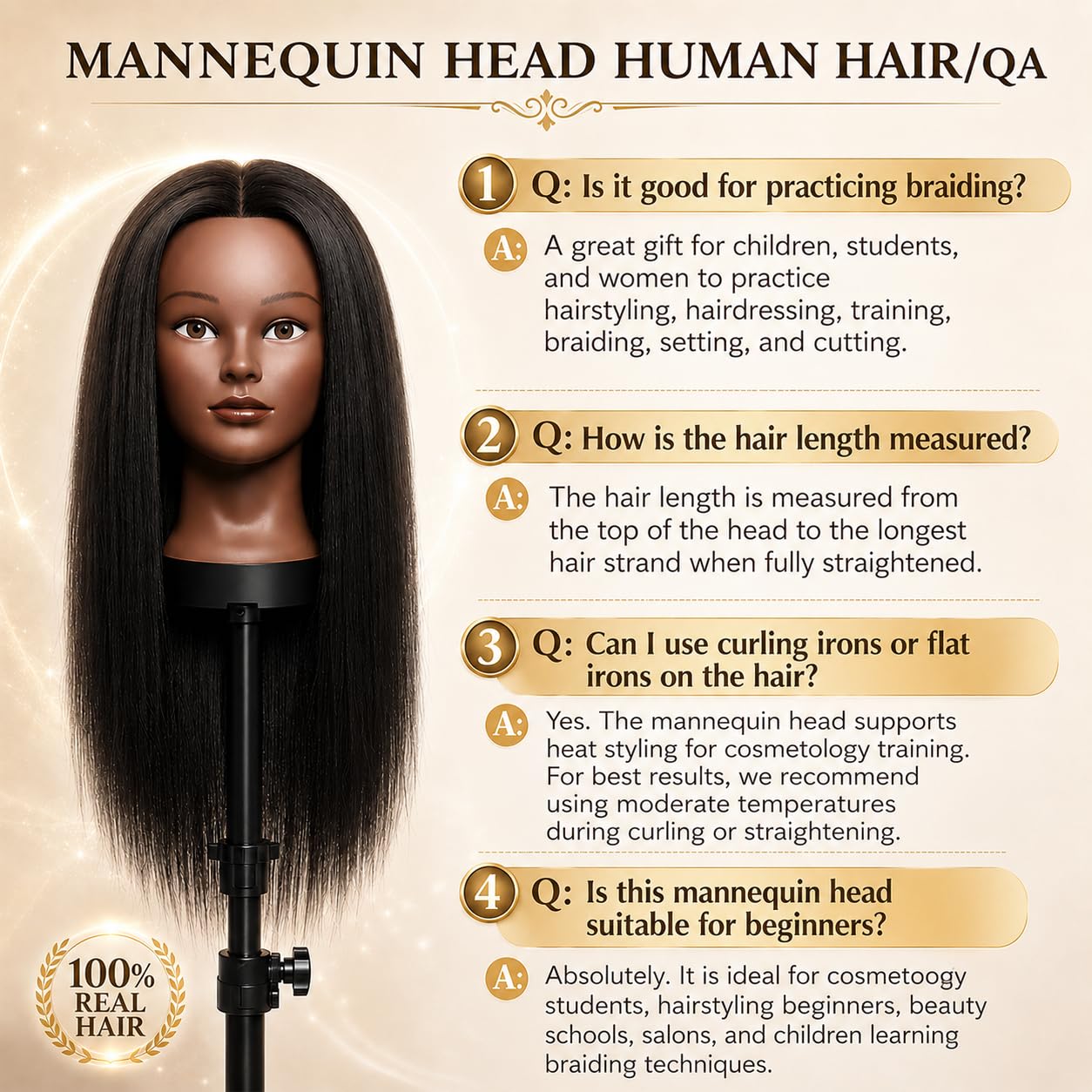 Mannequin Head Human Hair 16 Inch, 100% Real Human Hair Cosmetology Mannequin Head with Clamp Stand, Professional Hair Manikin Doll Head for Braiding, Styling & Hairdresser Training (Black-16inch)