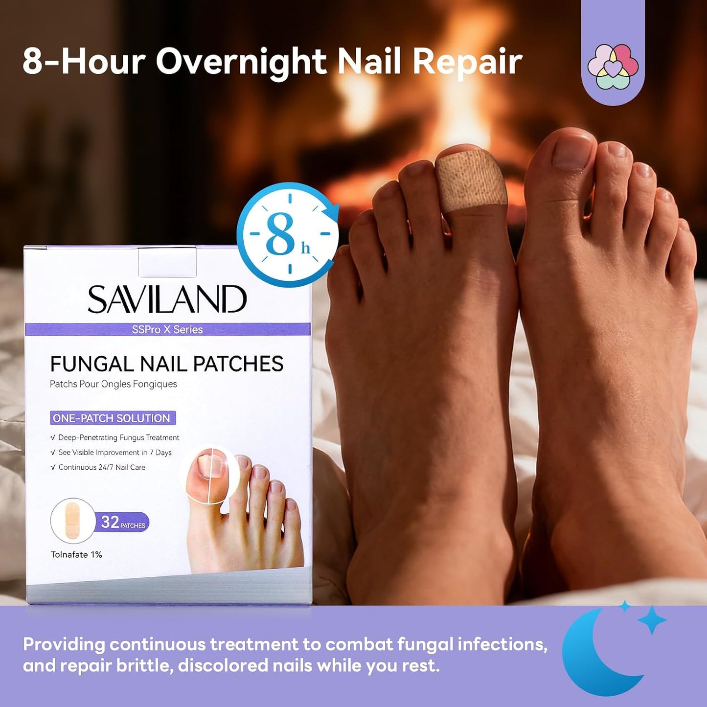 SAVILAND Fungal Nail Patches - 32 PCS Extra Strength Toenail Treatment | 8H Overnight Repair for Damaged Nails