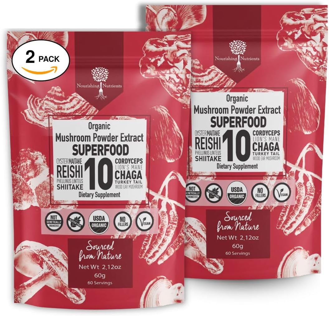 Organic Mushroom Supplement Powder - Focus & Immune Support | 100% Fruiting Body, Lions Mane, Reishi & More - 60 Servings