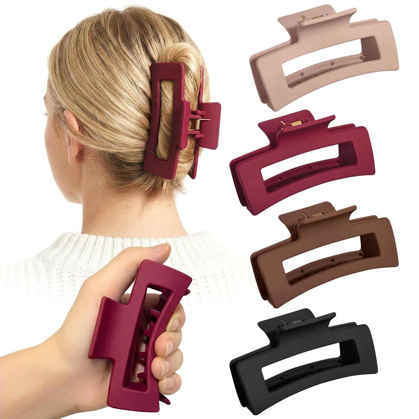 Mtiyoose 4Pcs Large Soft Matte Skin-Feel Claw Clips,4.1" Non-Slip Strong Hold,No Hard Plastic,Durable Unbreakable,Comfy Clip for Thin/Thick/Curly Hair,Lightweight All-Day Strong Hold Jaw Clip