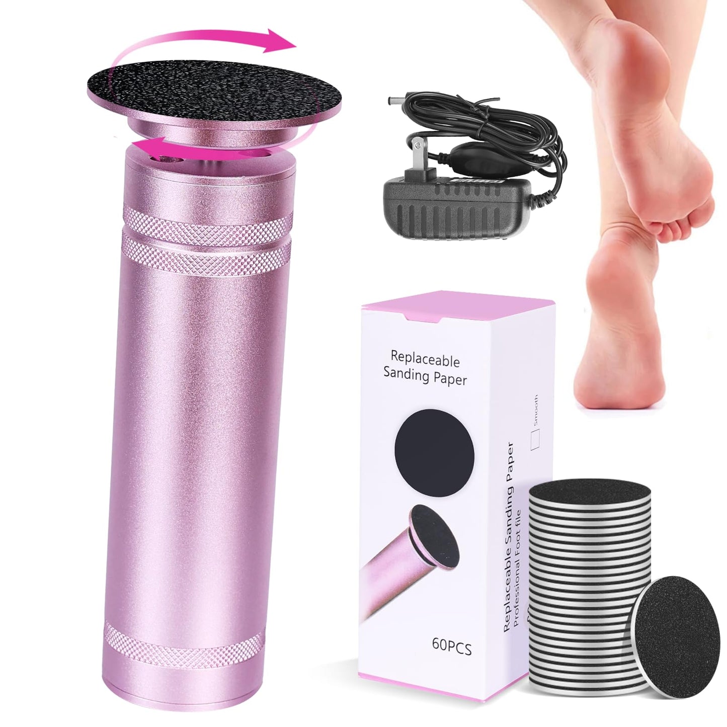 Hocent Upgrade 1200RPM Electric Callus Remover for Feet, Powerful Electric Foot File with 60 Sandpaper Discs, Adjustable Speed, Plug-in Pedicure Tool for Cracked Heels & Dead Skin, Pink