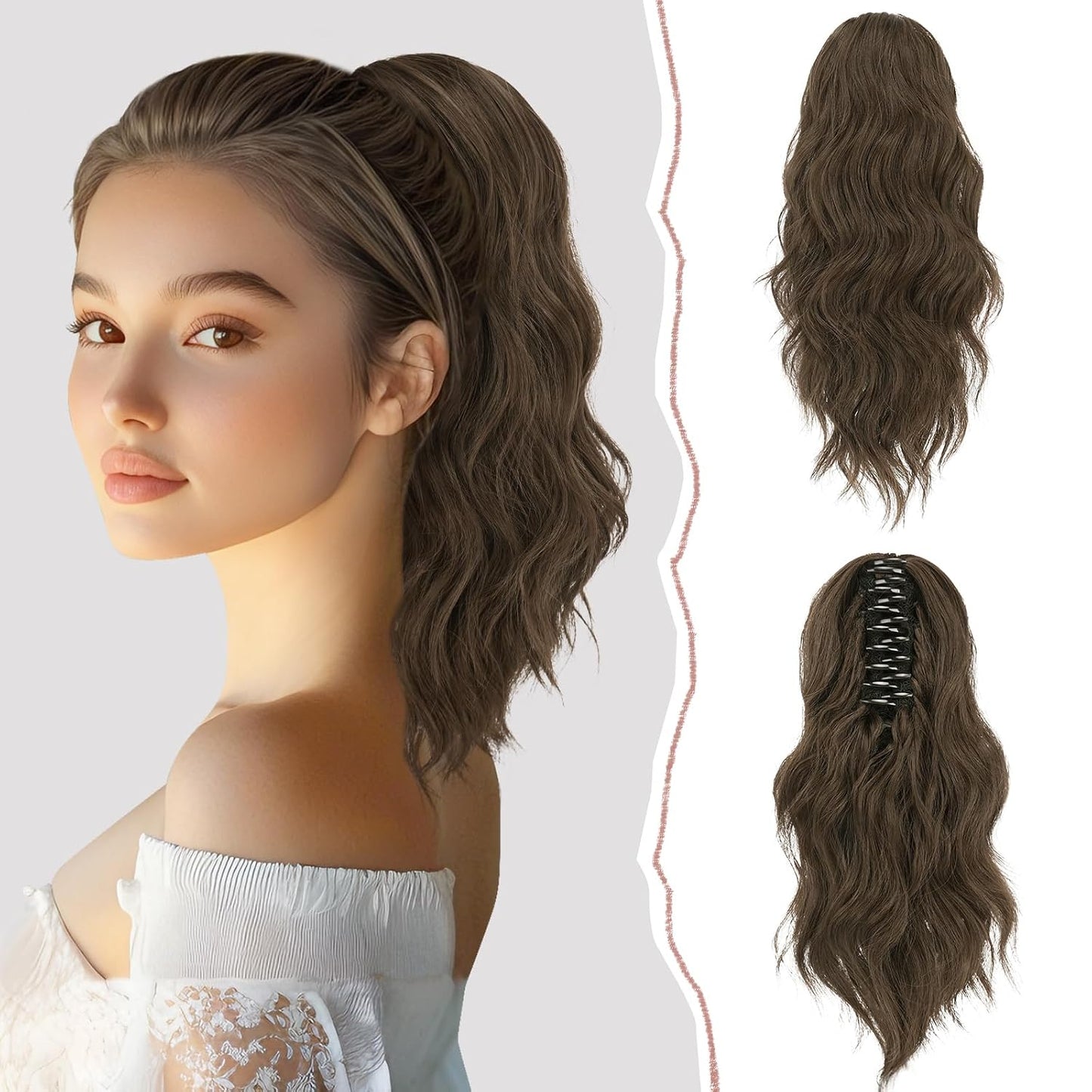 Ponytail Extension - Short Wavy Claw Clip-In Synthetic Hairpiece | Black Layered Curly Drawstring for Women