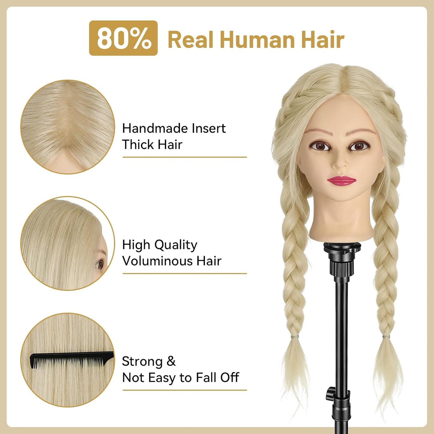 Mannequin Head - 90% Human Hair Styling Doll for Cosmetology | 24" Hairdressing Training Head with Clamp & Styling Set