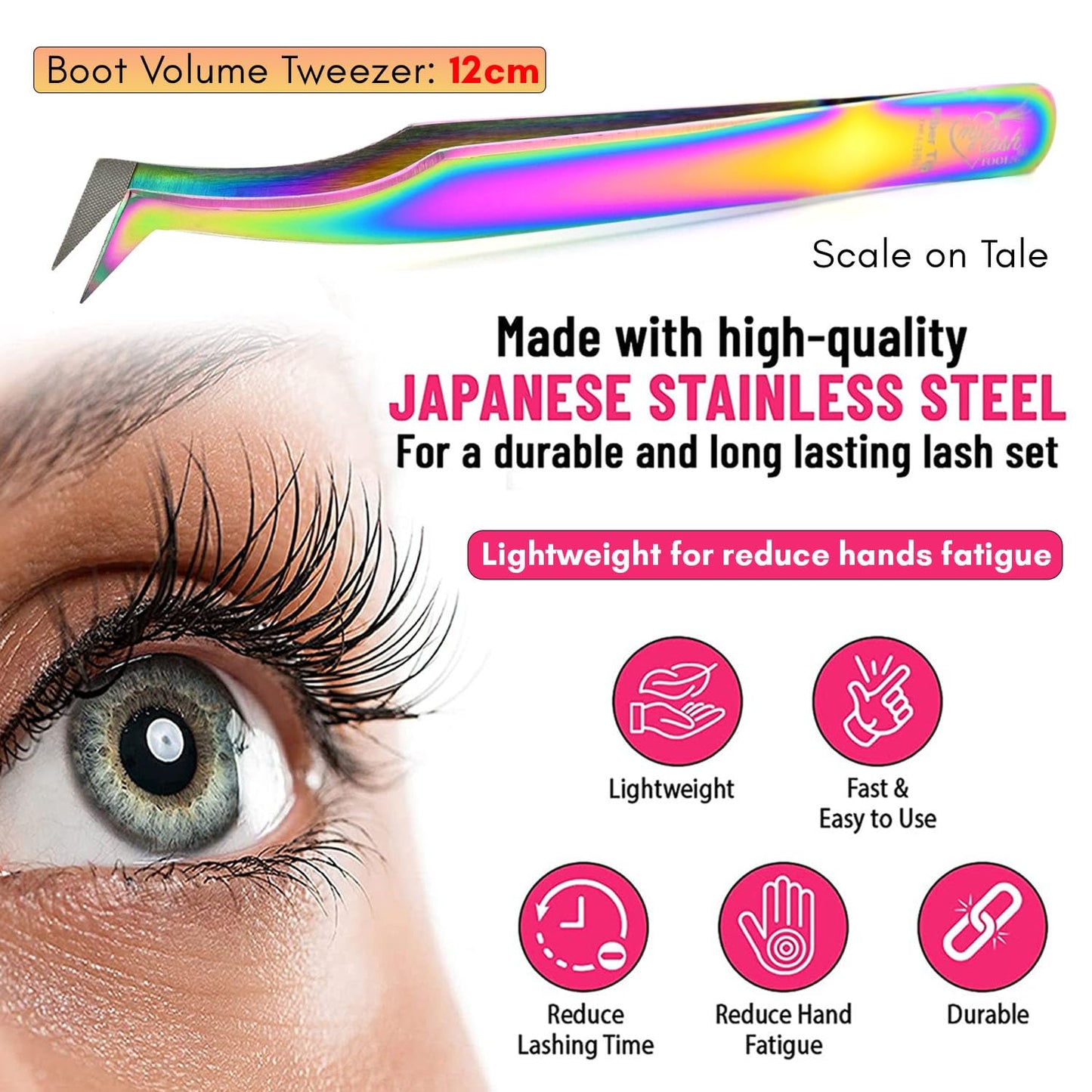 Fiber Tip Lash Tweezer Axe Tip – Mega Volume Boot Tweezer for Eyelash Extensions, Precision Stainless Steel, Non Slip Grip, Lash Tool for Volume Fans, Classic & Mega Volume Lashes (Rainbow)