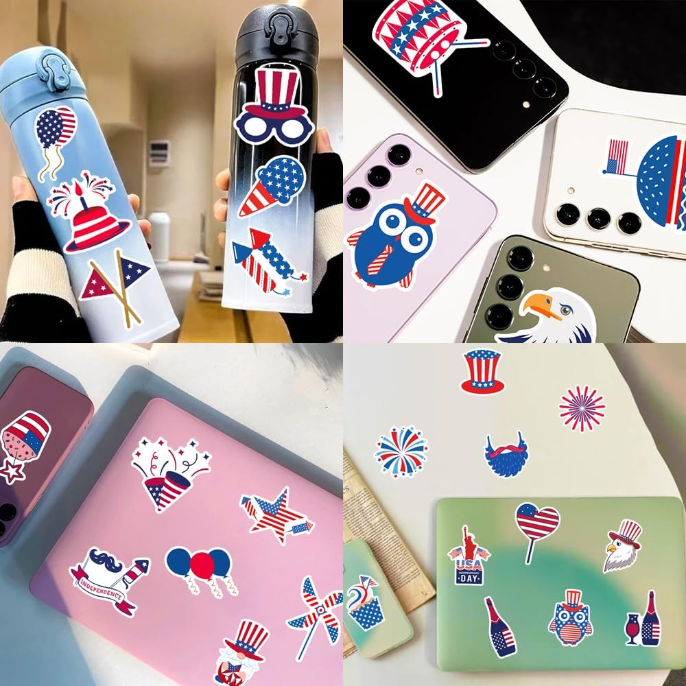 Patriotic 4th of July Vinyl Stickers - 100 Waterproof Stickers for Laptop, Water Bottle & Skateboard Decor