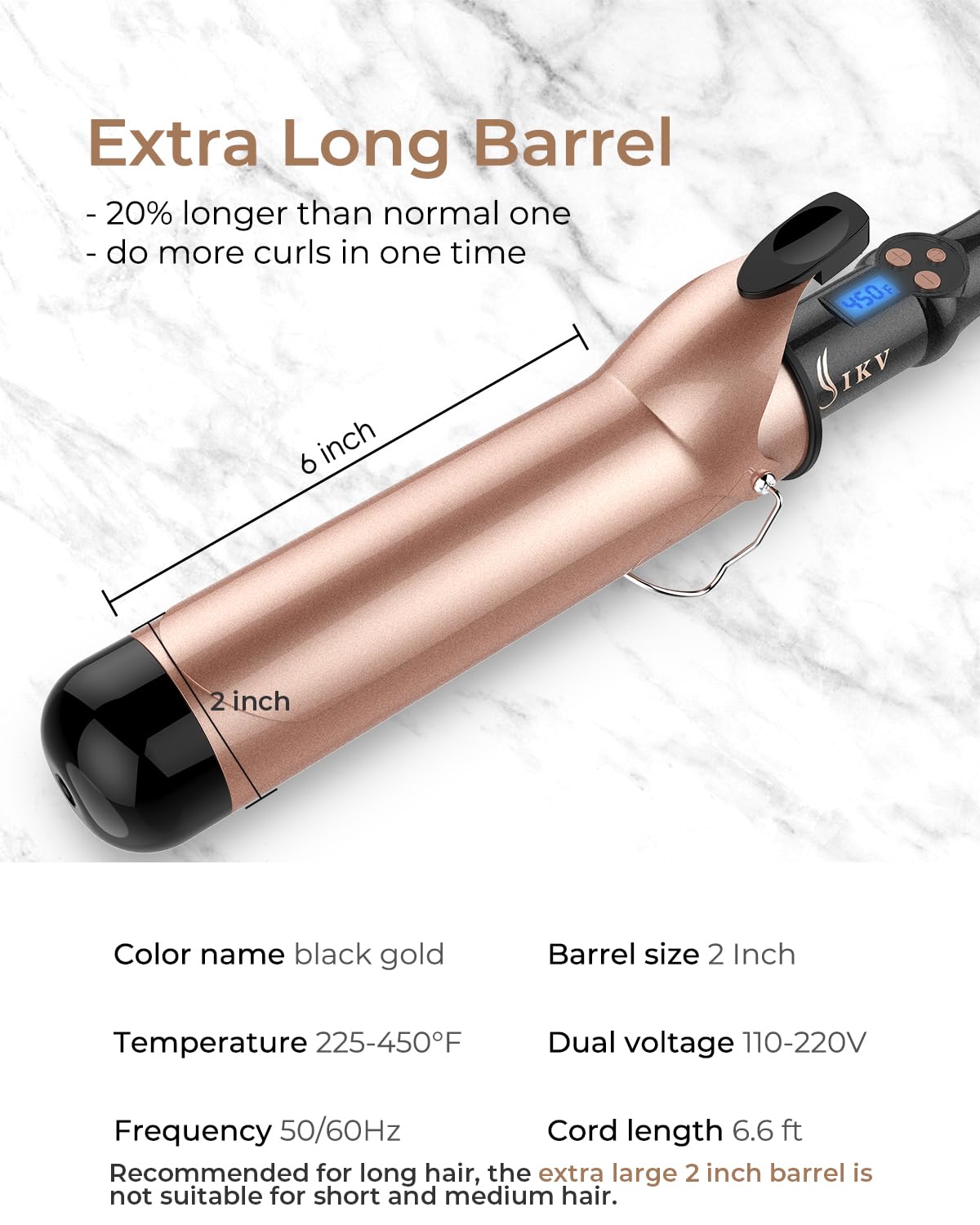 2 Inch Curling Iron Extra Large Barrel for Long Hair, Big Curling Wand Ceramic Tourmaline with LCD Display,10 Temps, Dual Voltage