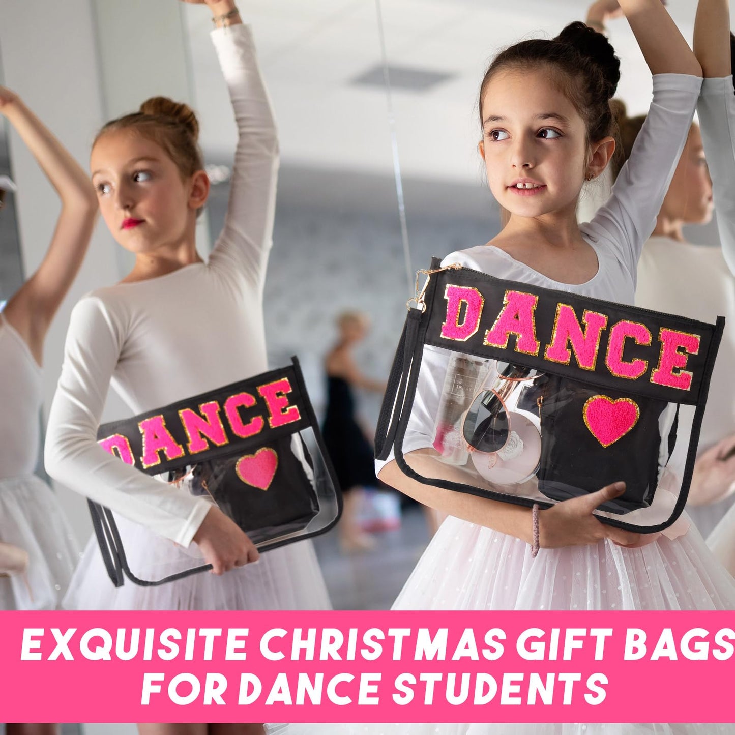 Hillban 2 Pcs Dance Recital Gifts Makeup Bags Chenille Letter Bags for Dance Team Gifts PVC Clear Cheer Case Toiletry Zipper Pouch for Women Ballet Competition Accessories Dancer Stuff