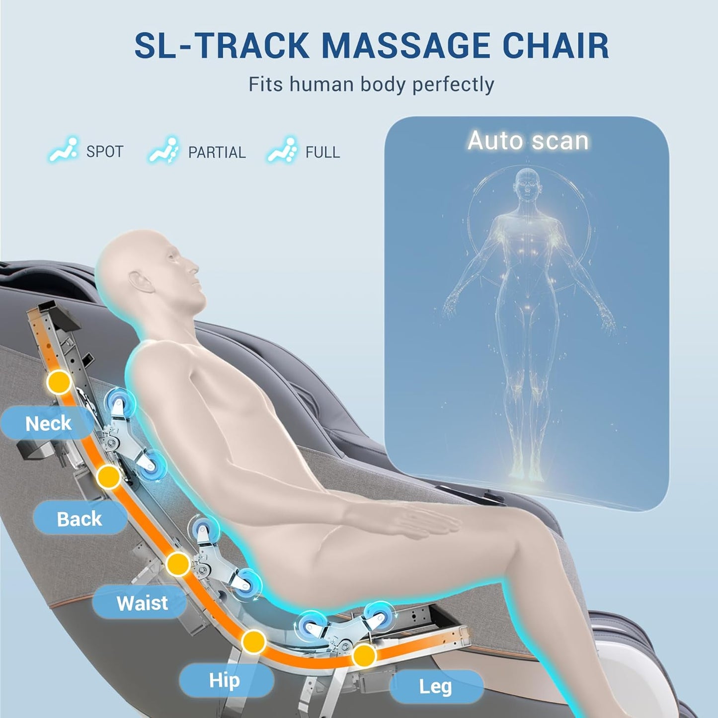 Full Body Shiatsu Massage Chair - 170° Flexible SL Track, Bluetooth, Airbags & Heating | Grey MC1650