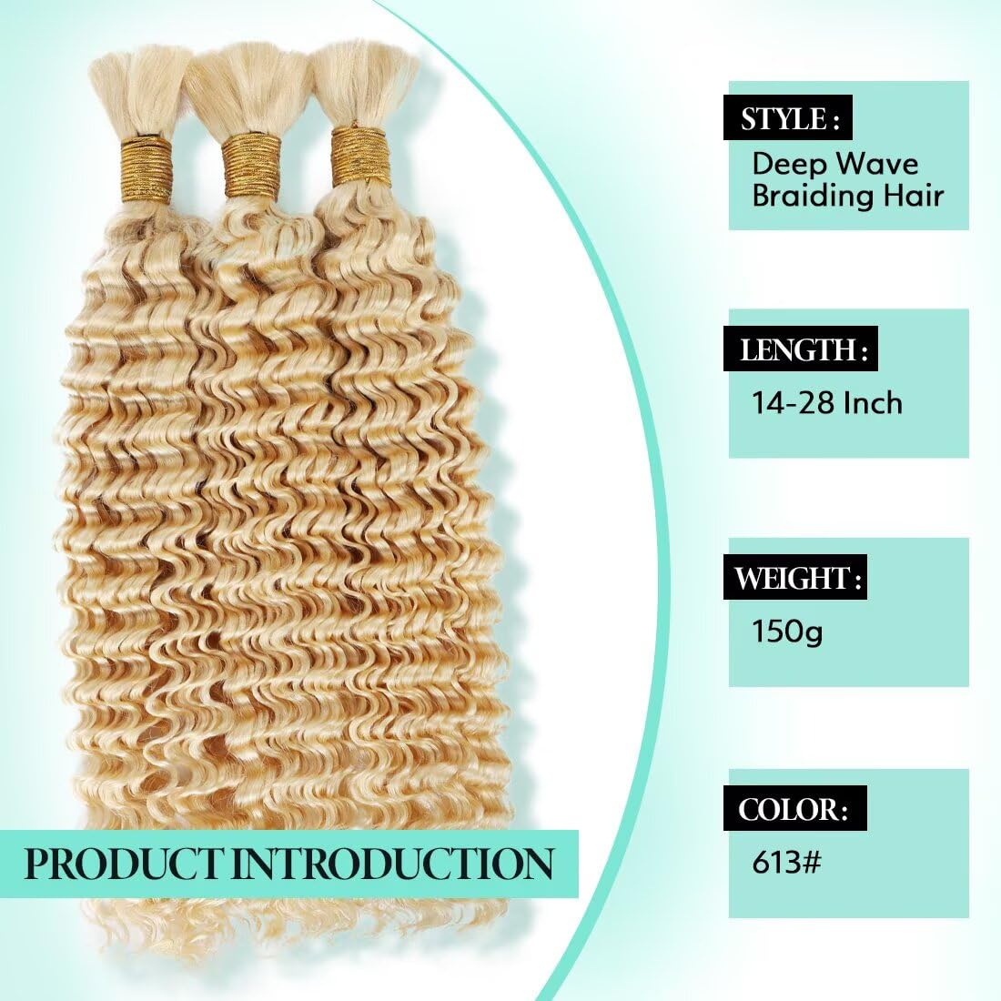 Boho Hair for Braiding, Curly Virgin Human Braiding Hair for Women, 12A Knotless Deep Wave Bulk Bohemian Styles, 150g 22 Inch 3 Bundles/Pack Blonde Color 613