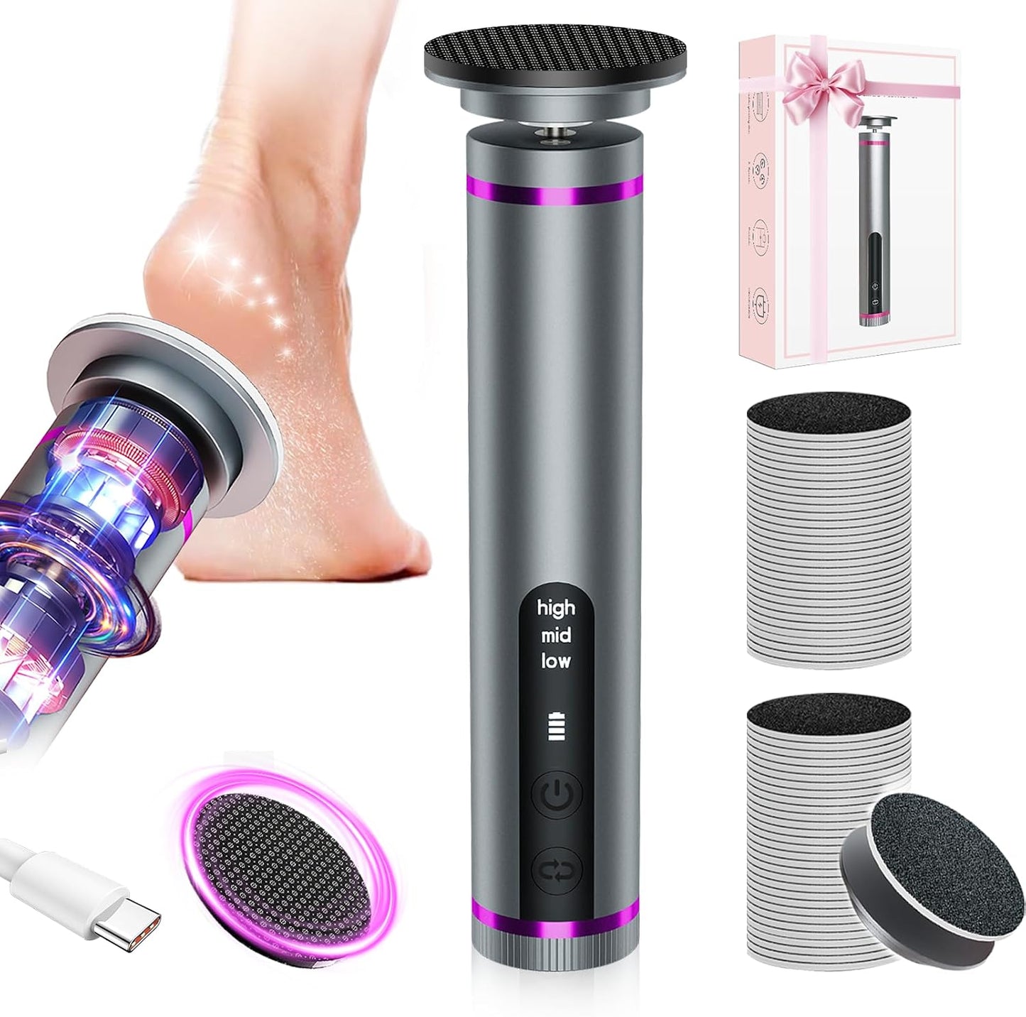 Electric Foot Callus Remover - Nano-Glass Head, 3 Speeds | 60 Sandpaper Discs, 4-Hour Runtime