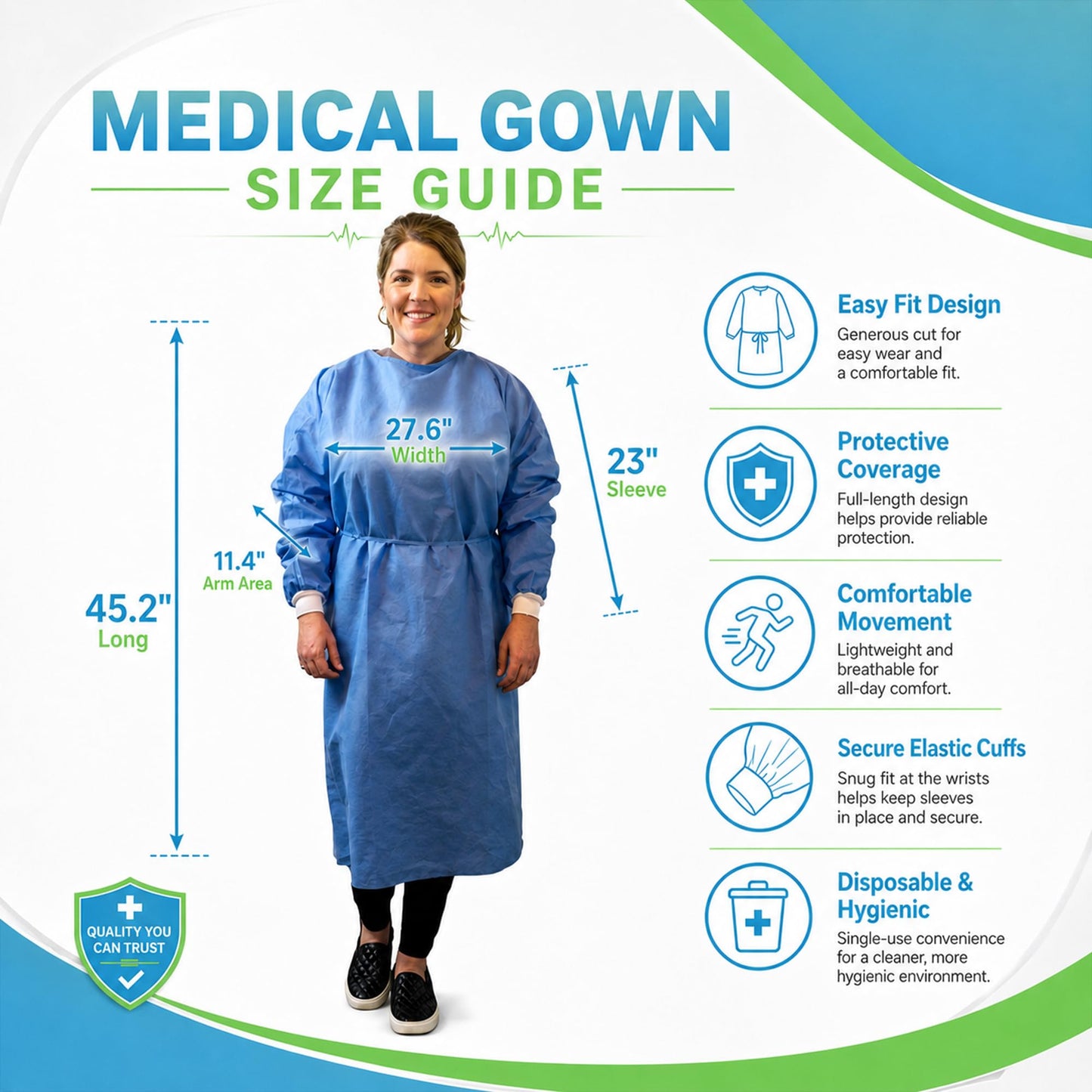 Disposable PPE Isolation Medical Gowns 10-Pack – Level 2, Full Back Coverage, Double Tie Closure, SMS 35g Material, Knit Cuffs, Unisex, Professional Blue for Healthcare & Lab Use