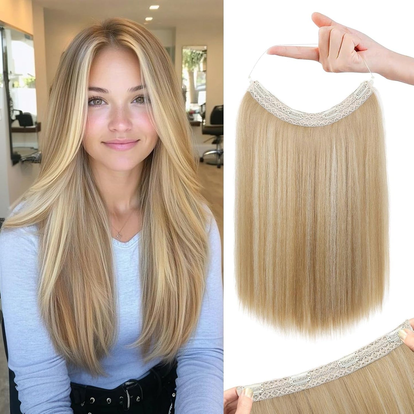 REECHO Invisible Wire Hair Extensions - Thinner Lace Weft, 12-Inch Short Straight Clips | Light Blonde