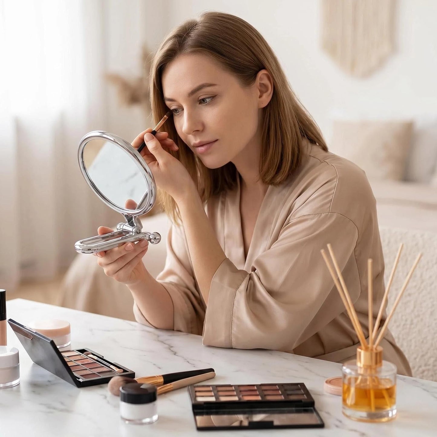 Double-Sided 10X Magnifying Handheld Mirror - Portable Folding Makeup Mirror for Travel Bathroom Vanity - 6.1 Inch Round Compact Mirror with 1X Normal View for Women