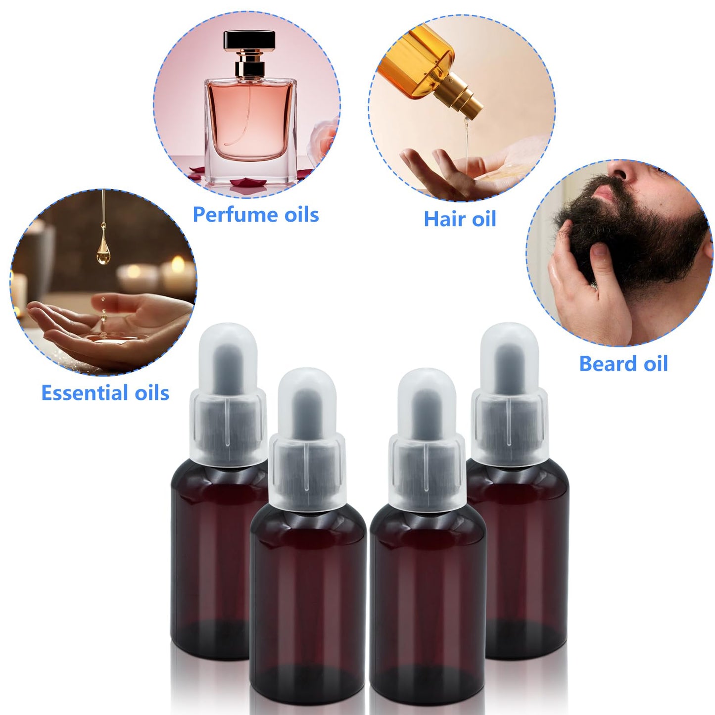 AskBed 4 Pack 2 Oz (50ml) Amber Plastic Essential Dropper Bottles with Funnel, Labels for Liquid Storage