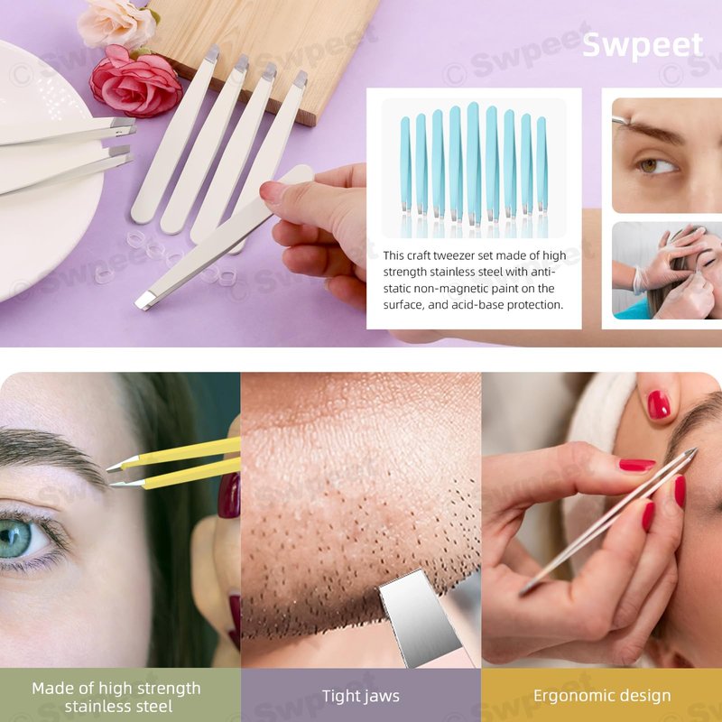 Swpeet 12Pcs 3.79 Inches Pink Eyebrow Tweezers Stainless Steel Slant Tip Tweezers Kit, Professional Eyebrow Facial and Hair Remover, Slant Pointed Precision Tweezers Fits for Men and Women