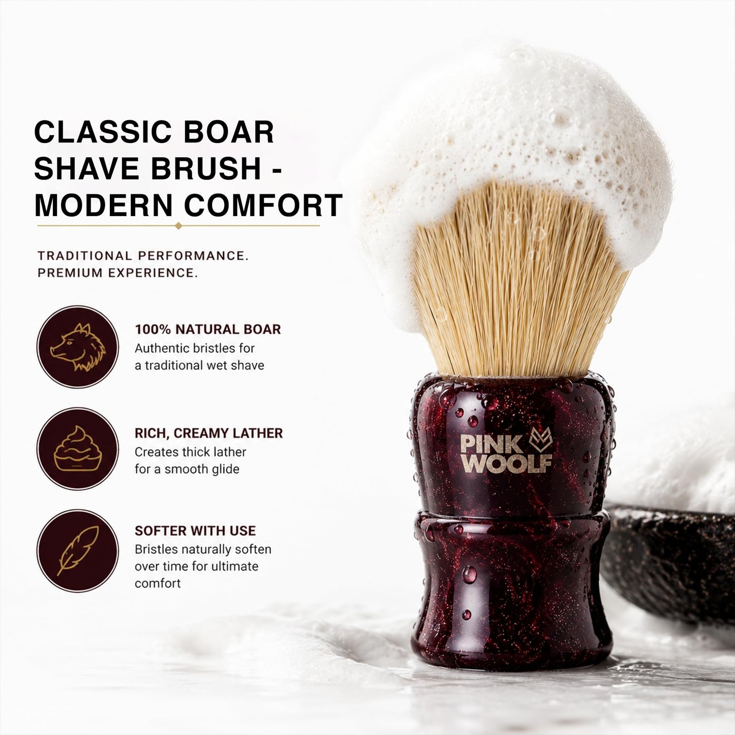 Pink Woolf Boar Shaving Brush for Men – 28mm Natural Boar Bristles, Dense Wet Shave Brush for Rich Lather, Premium Maroon Handle, Soft Face Feel for Shaving Soap & Cream
